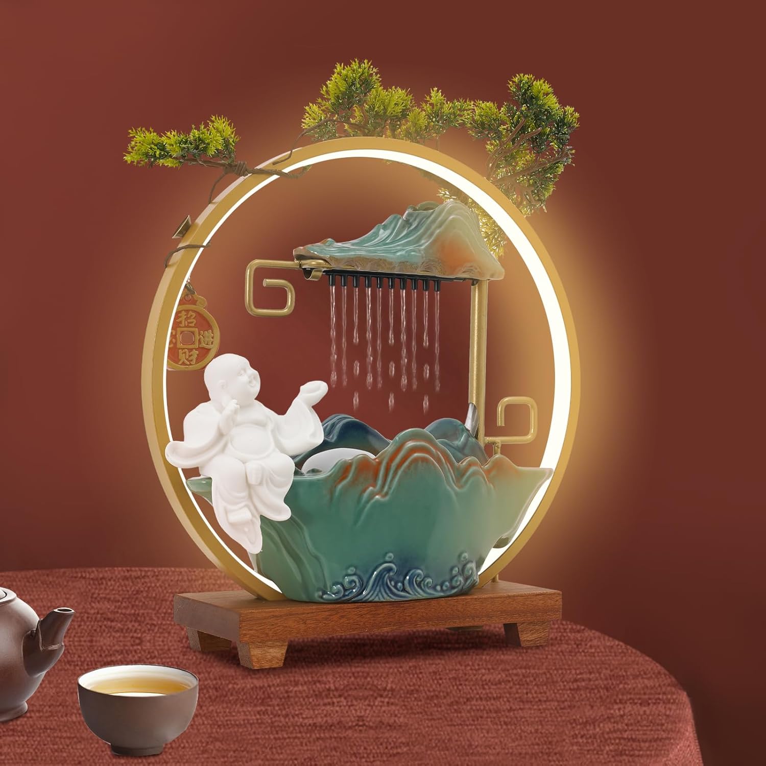 Tabletop Water Fountain with LED Light and Backflow Incense Bracket