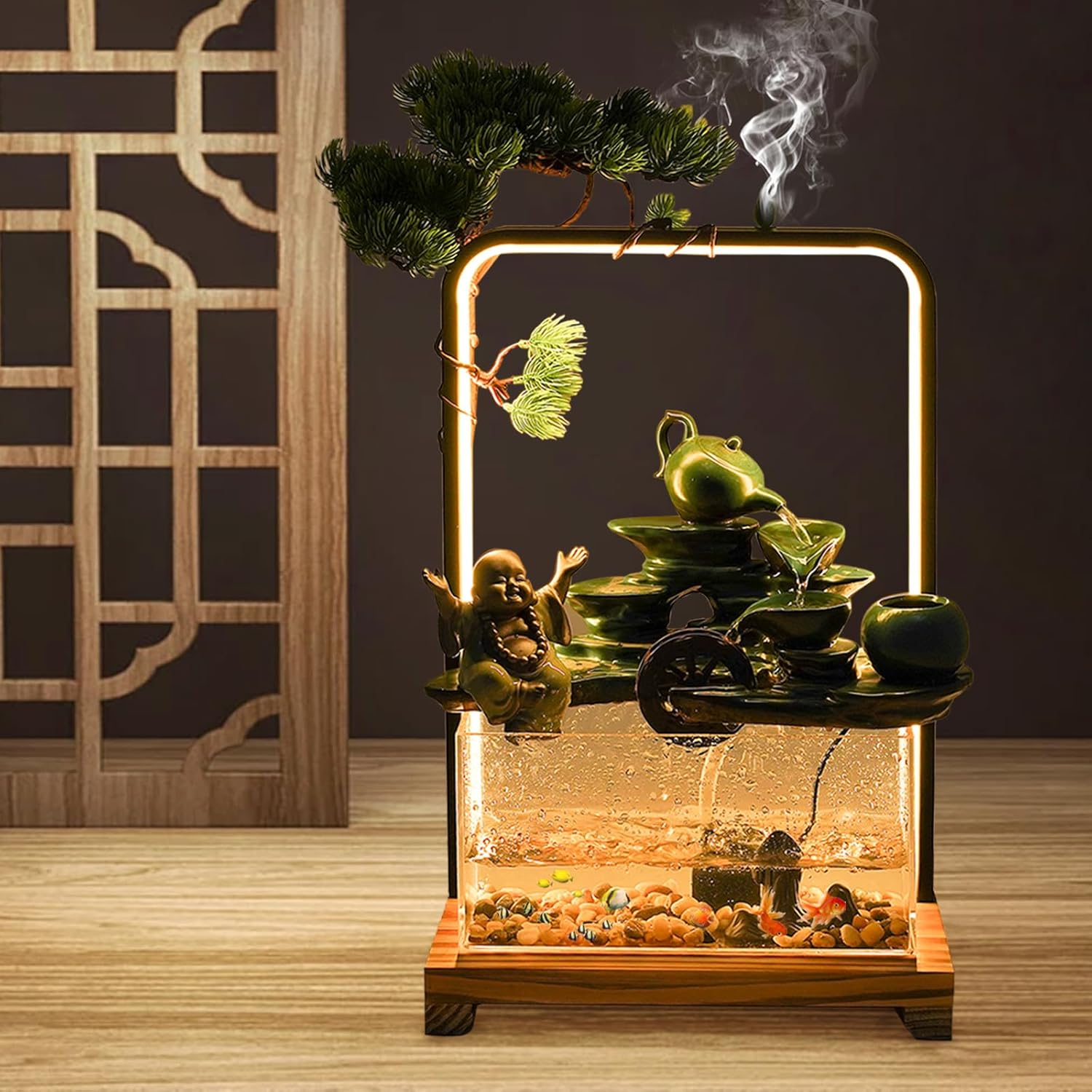Wanlecy Tabletop Water Fountain with LED Lights and Fish Tank