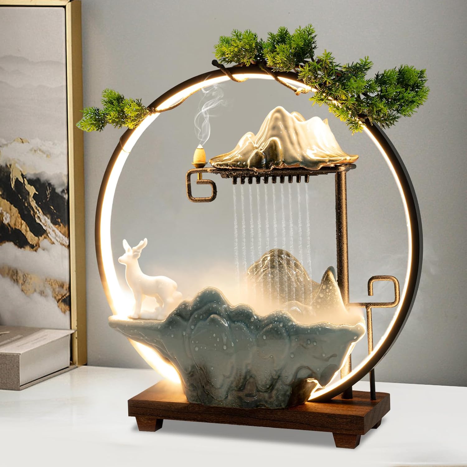 Tabletop Fountain with Glowing Circle and Deer