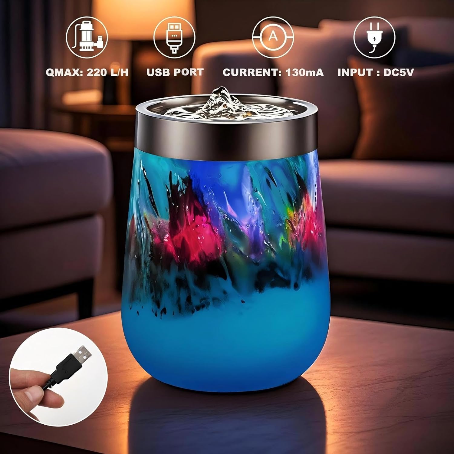 Voreen Handblown Glass Tabletop Fountain with Color Changing Glow