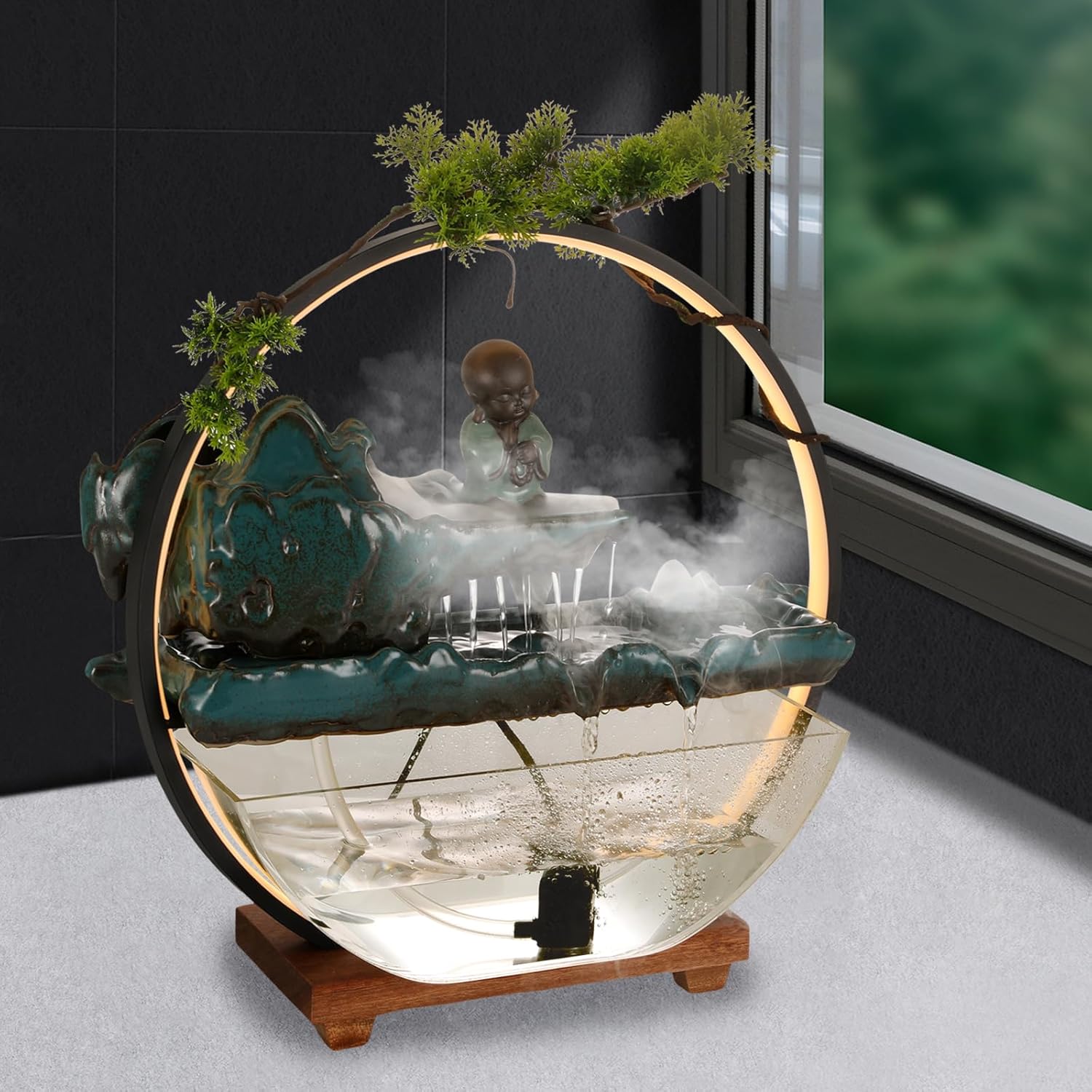 Crane Tabletop Water Fountain with LED Light for Meditation