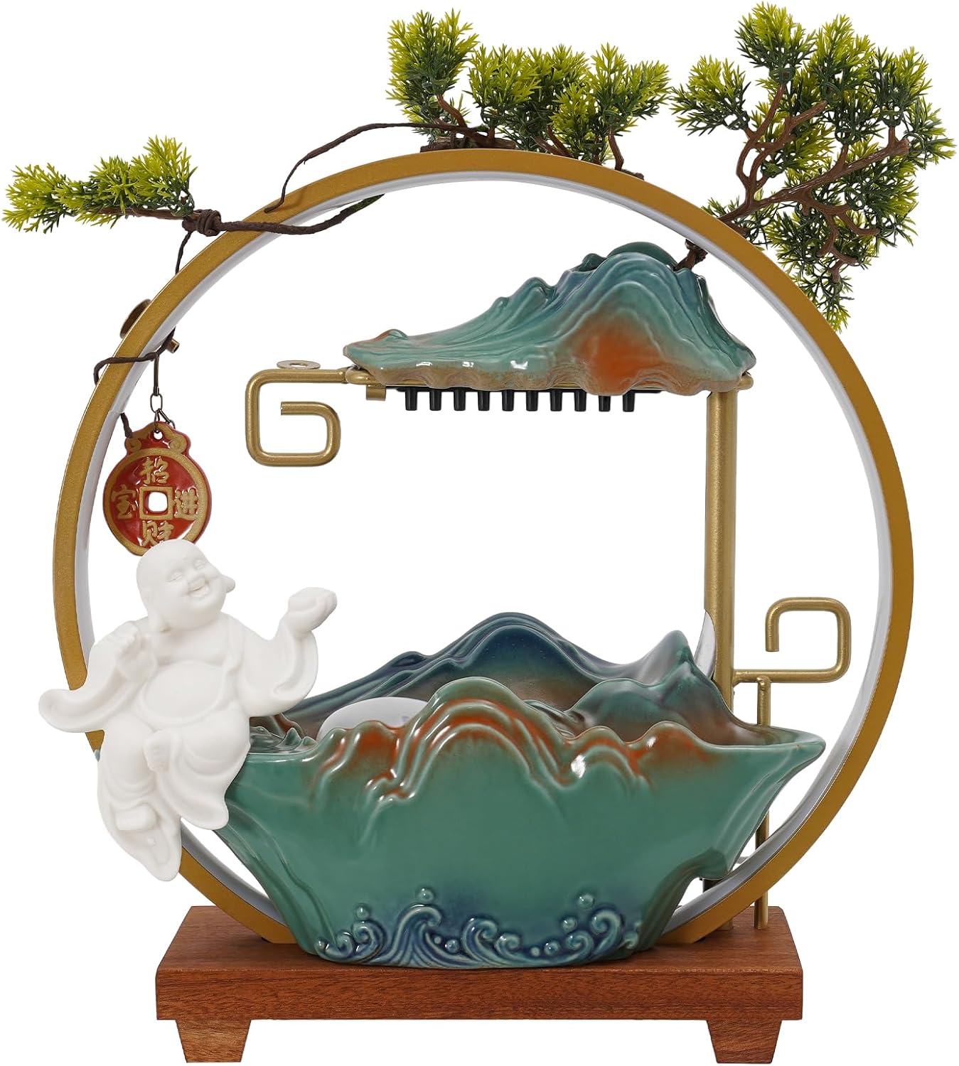 Buddha Tabletop Water Fountain with LED Light and Fake Plants