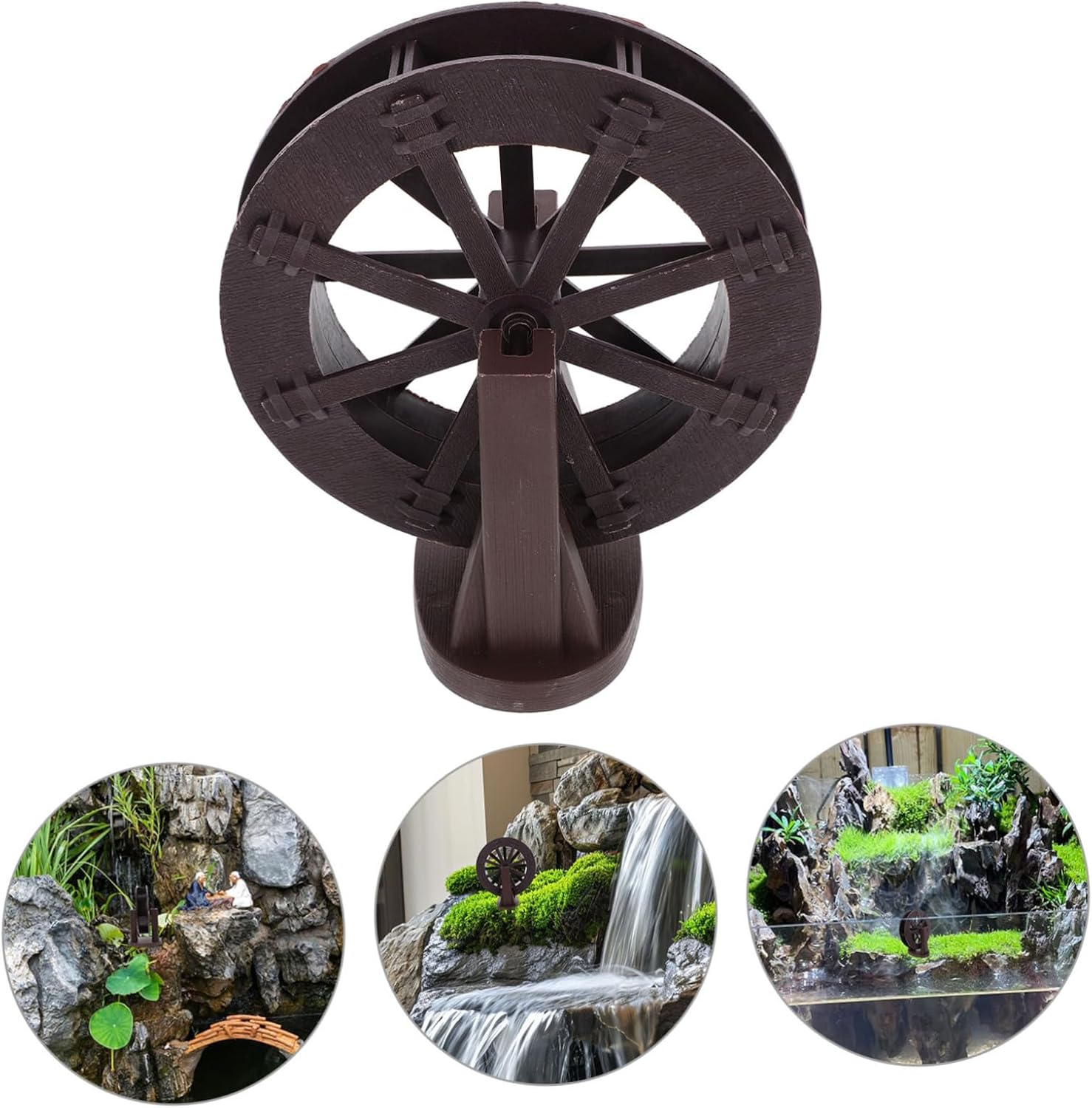 VOSAREA Micro Water Fountain Wheel with Bracket Brown Rustic Design Indoor Decor Accessory