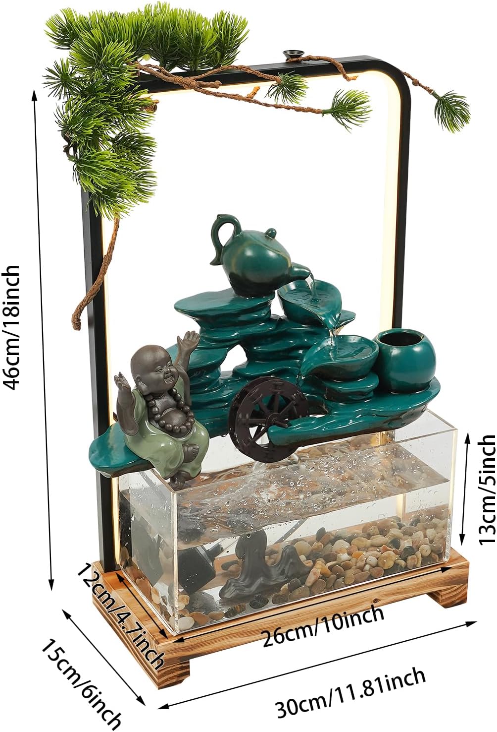 Green Welcoming Pine Tabletop Water Fountain with LED Lights