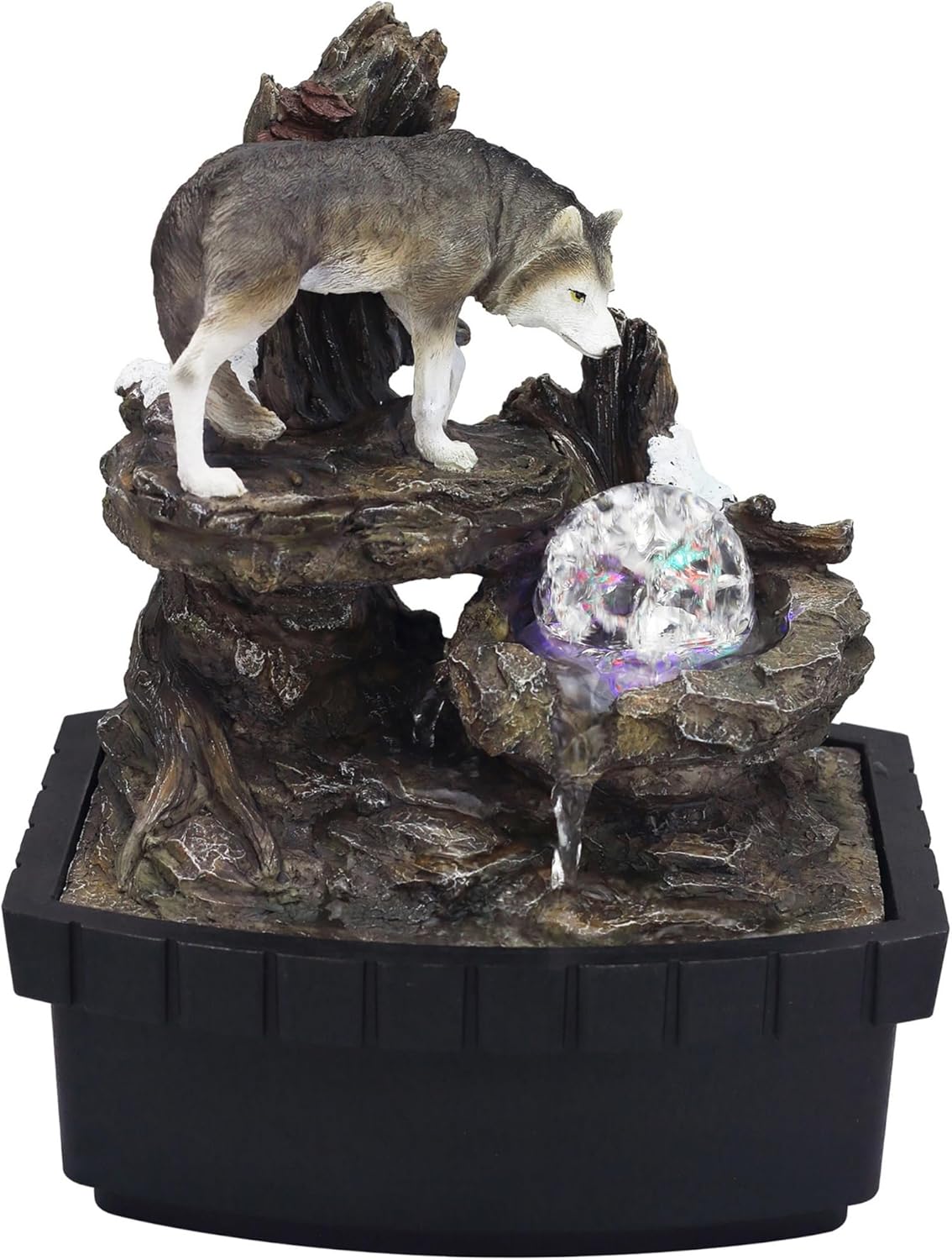 Benjara Eci 10 Inch Wolf Water Fountain with LED Lights and Painted Finish