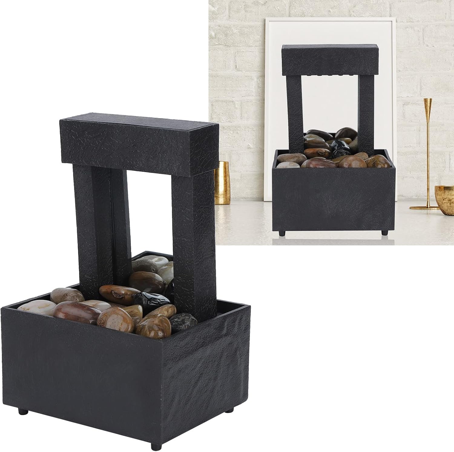 Tabletop Fountain with LED Lights and Stones for Home Office