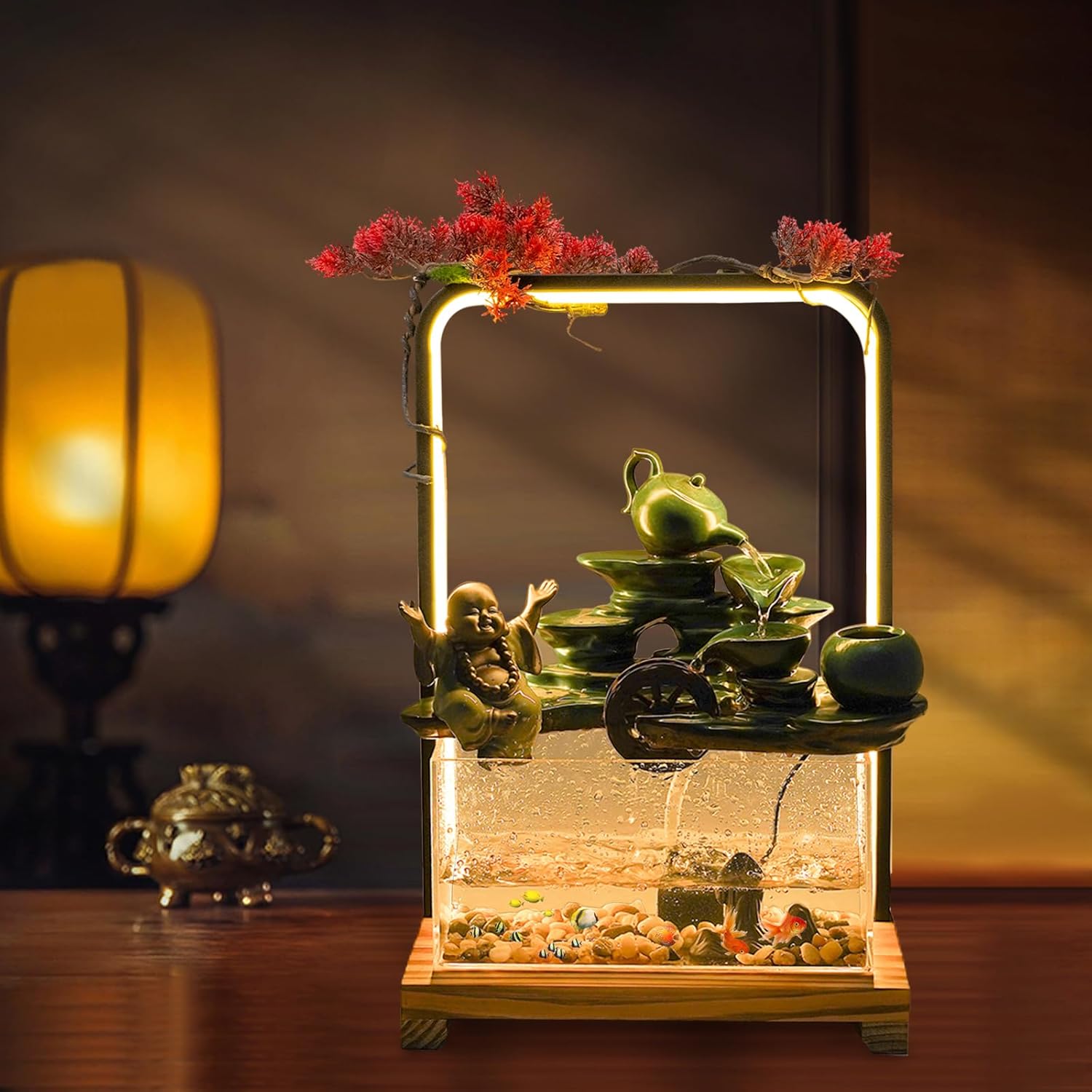 Tabletop Buddha Water Fountain with LED Light and Fake Plants for Meditation and Good Luck Wealth