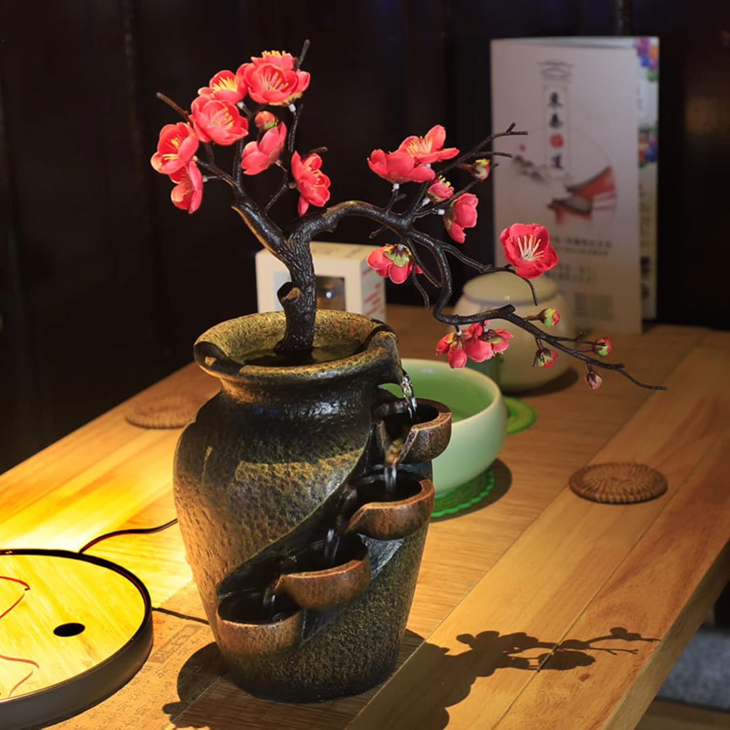 Decorative Indoor Tabletop Fountain with Simulated Flowers