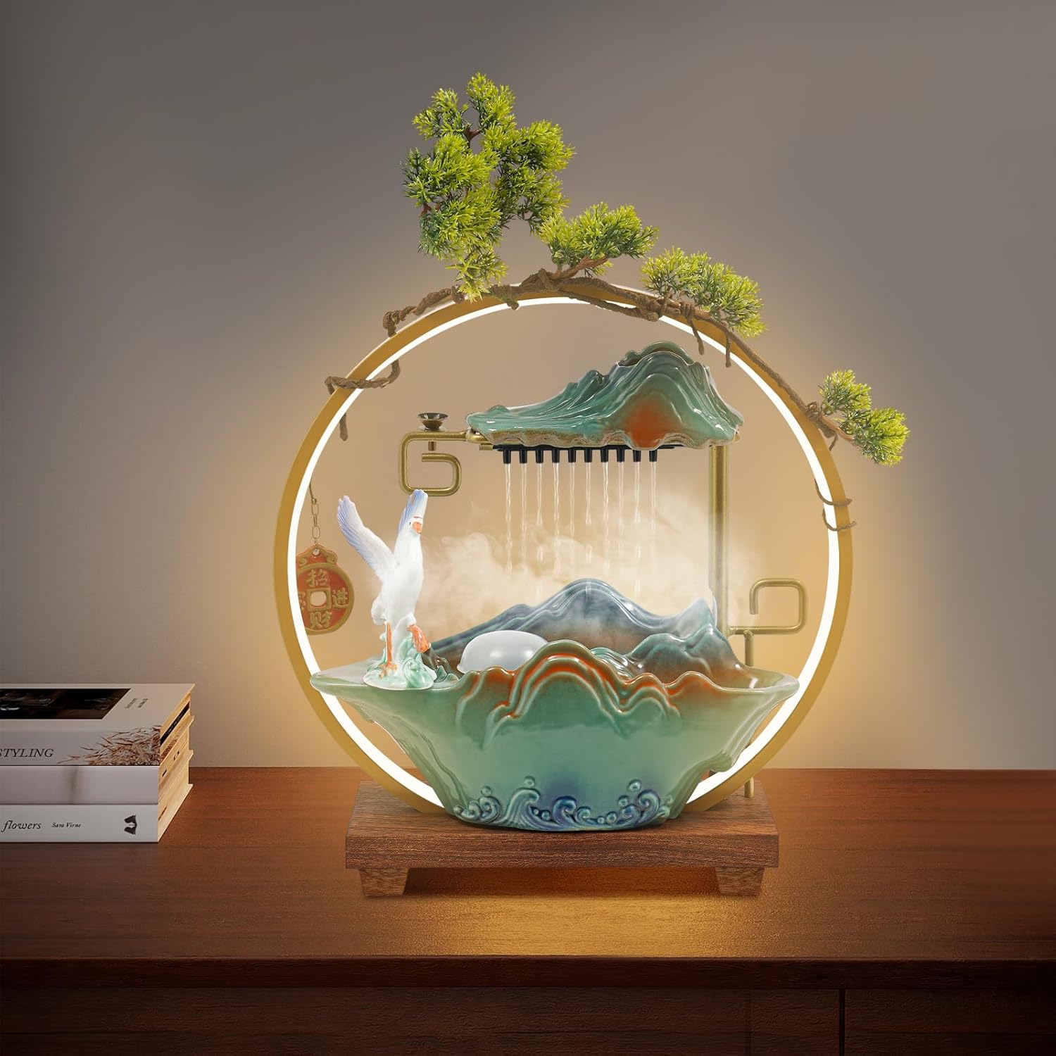 Buddha Crane Peacock Tabletop Water Fountain with LED Light