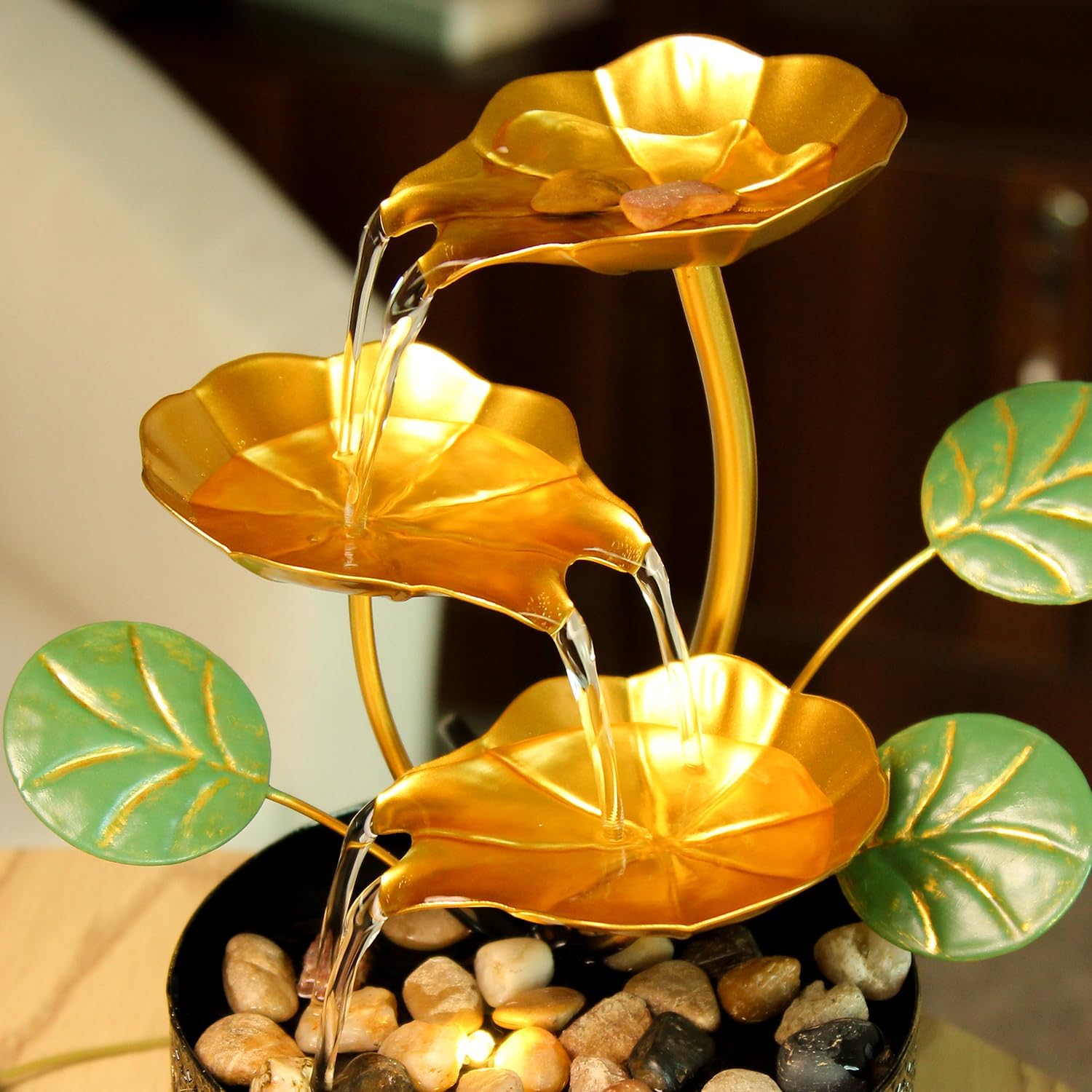 TiCin Tabletop Water Fountain with Gold Lotus Flowers