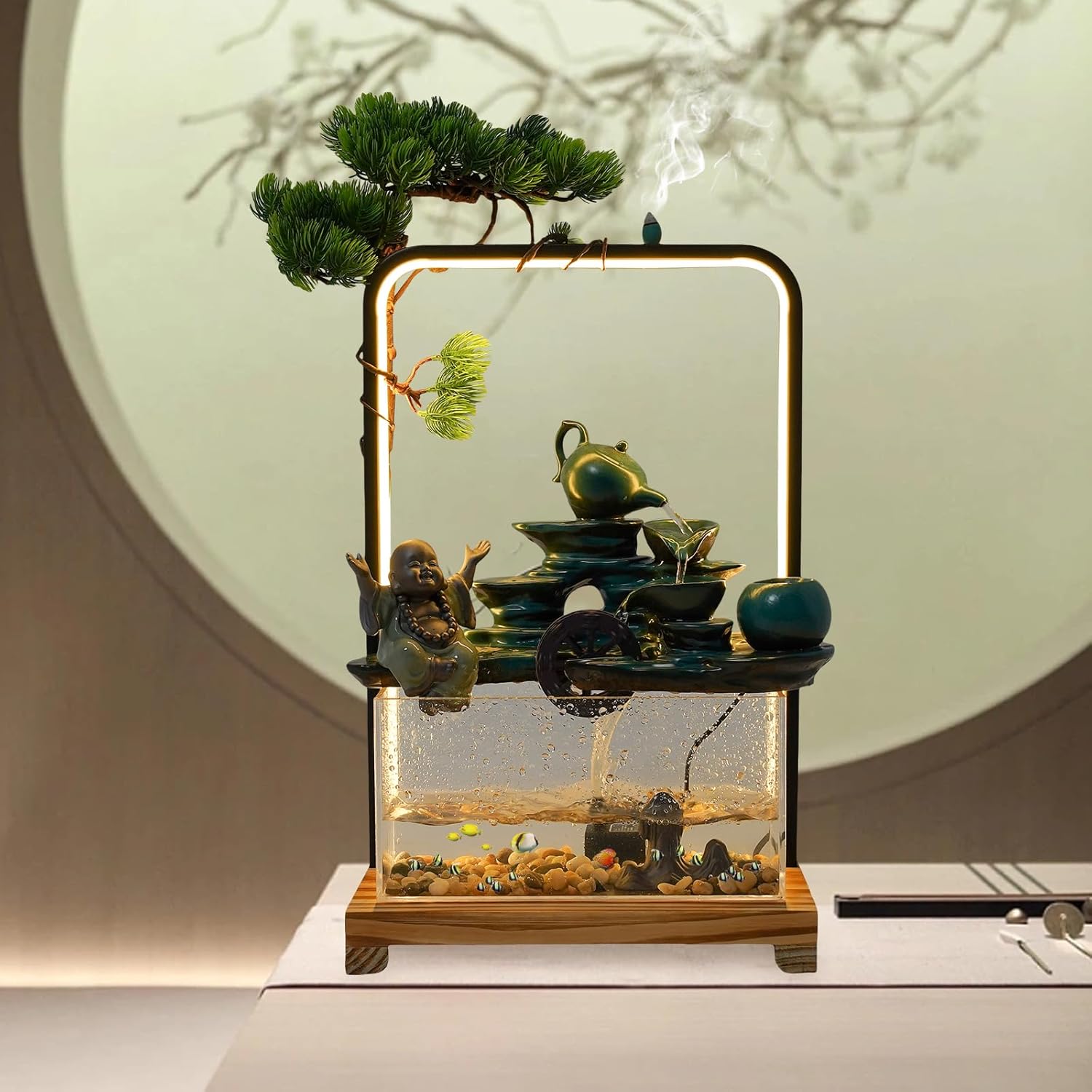 Wanlecy Tabletop Water Fountain with LED Lights and Fish Tank