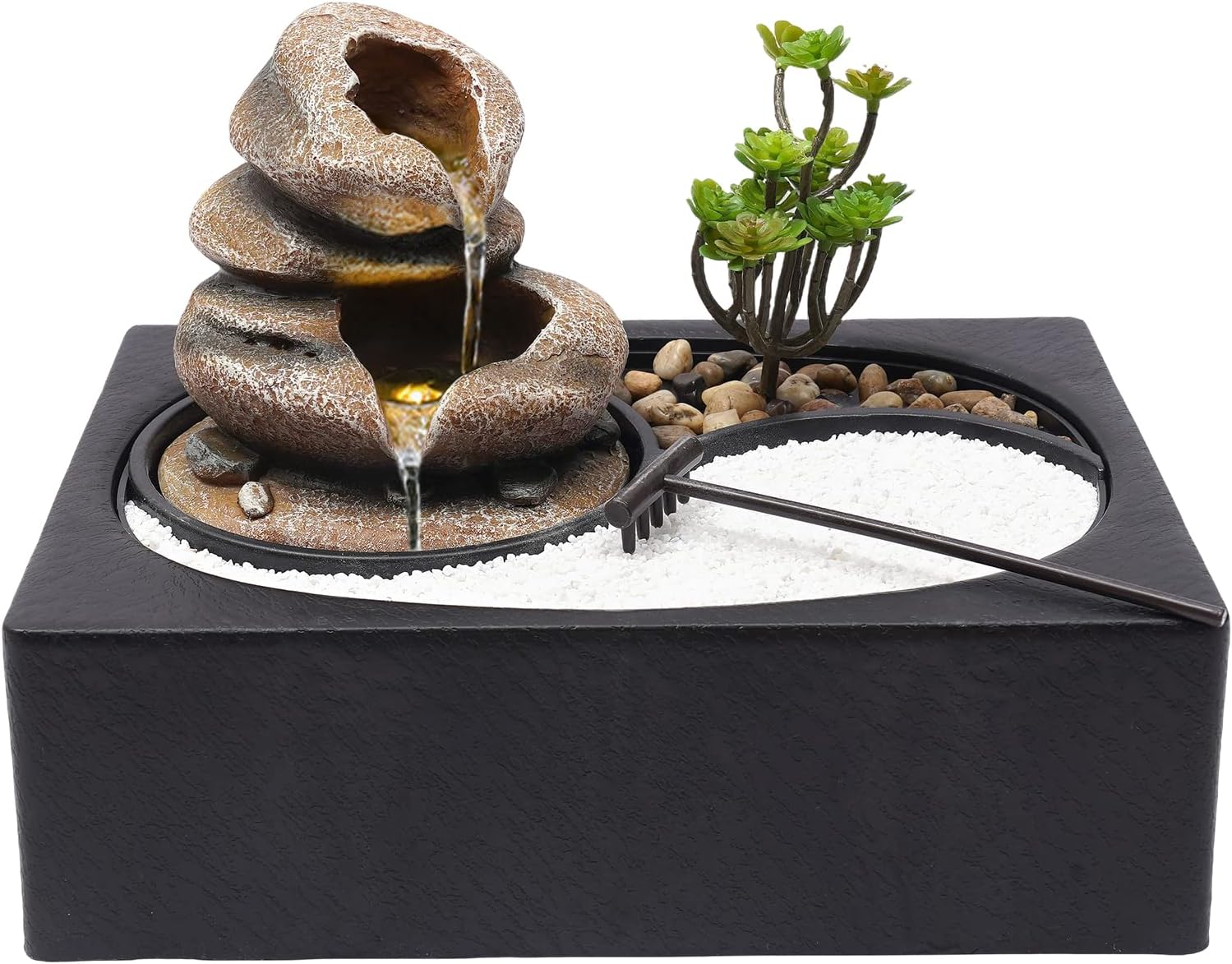 Table Top Water Fountain Indoor with River Rocks and Plants
