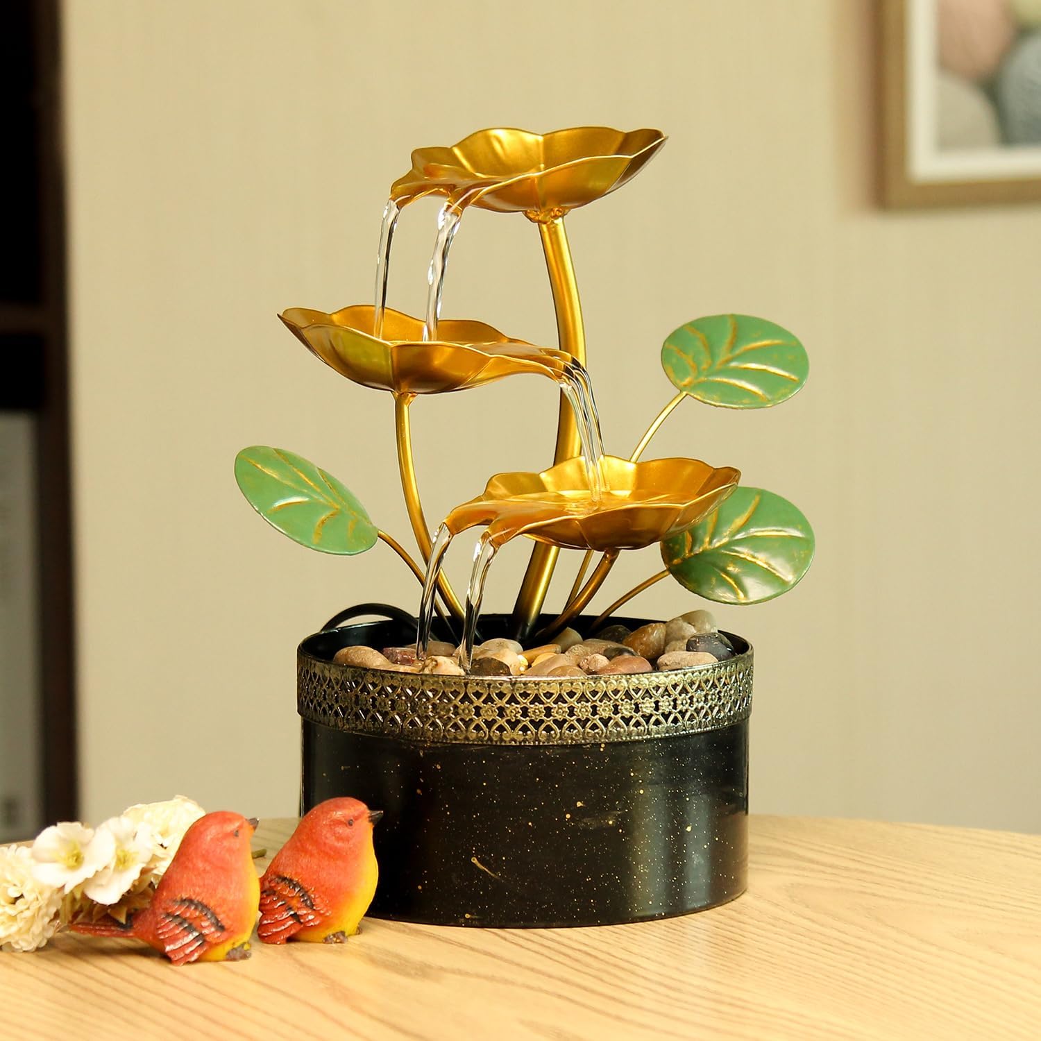 TiCin Tabletop Water Fountain with Gold Lotus Flowers