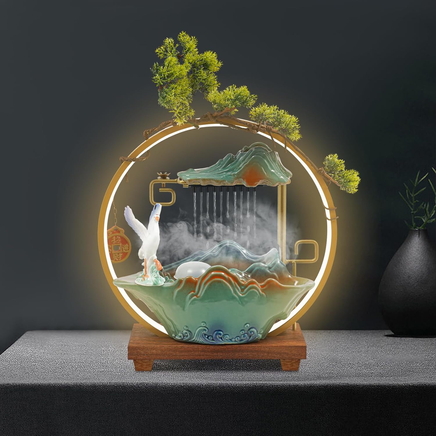 Indoor Waterfall Fountain with LED Light and Mist for Feng Shui and Relaxation