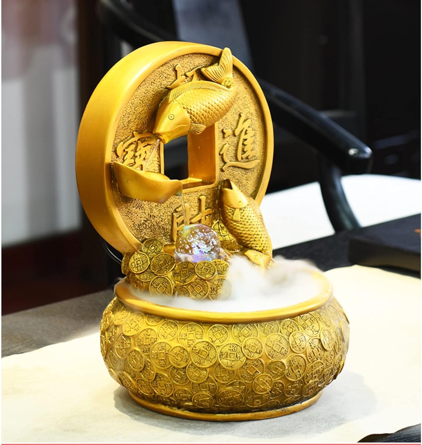 Golden Koi Waterfall Fountain Decor with Rotating Ball