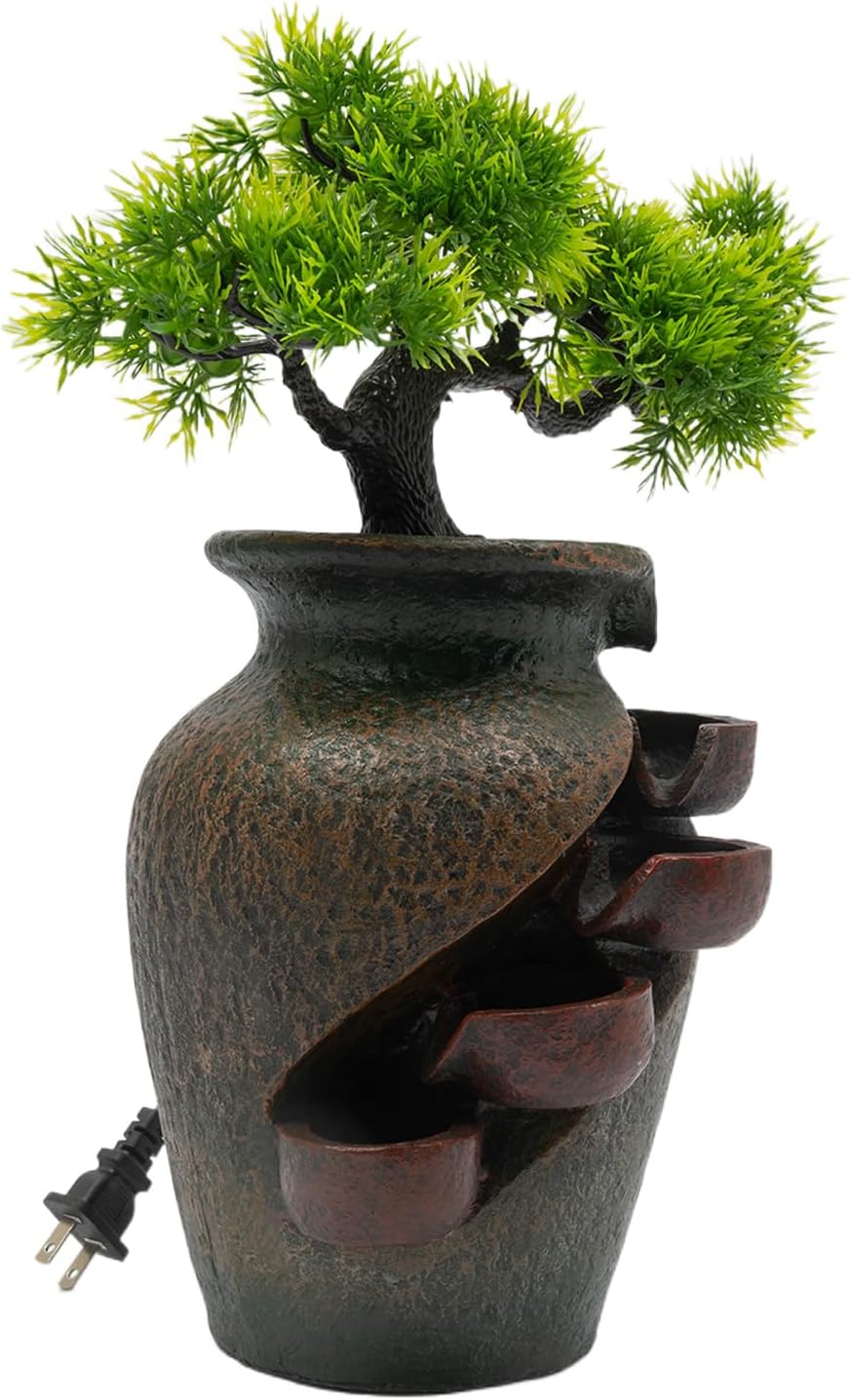 157 Inch Flower Vase Water Fountain Bonsai with Artificial Bouquet and Green Pine Tree Design