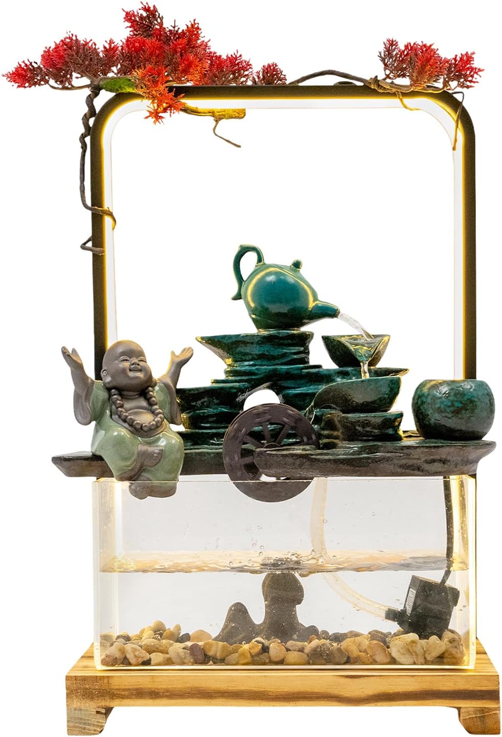 Tabletop Buddha Water Fountain with LED Light and Fake Plants for Meditation and Good Luck Wealth