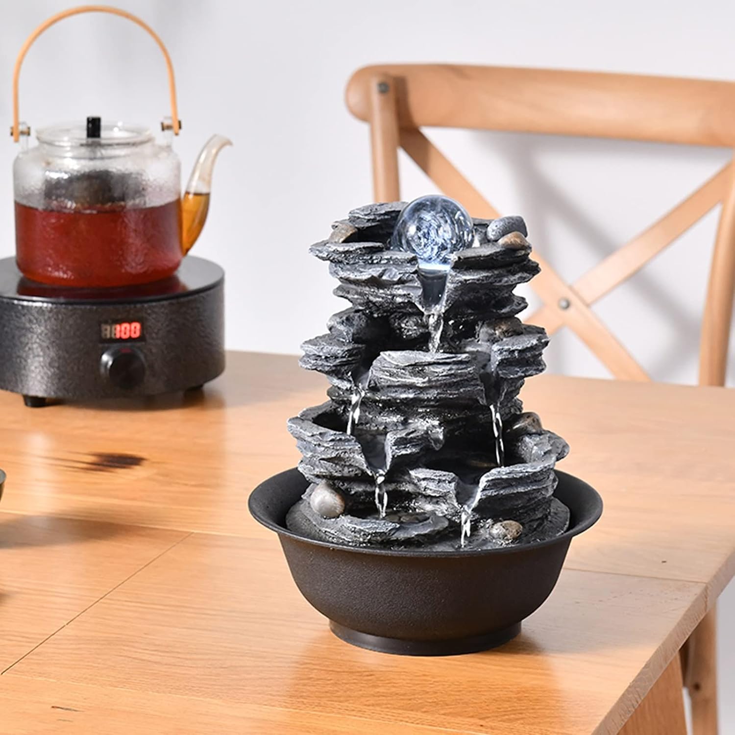 XRXwuf689 Desktop Water Fountain with Resin Rock and Rotatable Ball