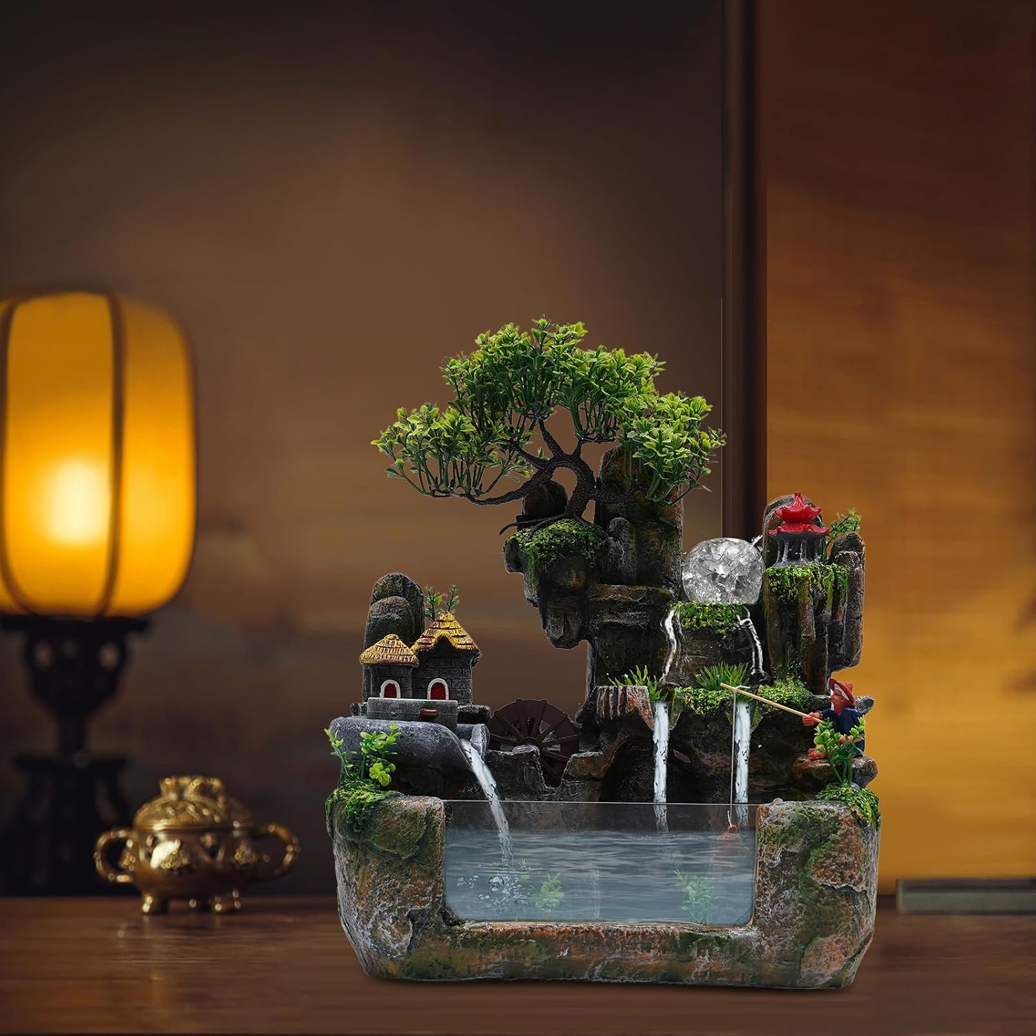 DMSIDN Tabletop Rockery Waterfall Fountain with LED Lights and Atomizer