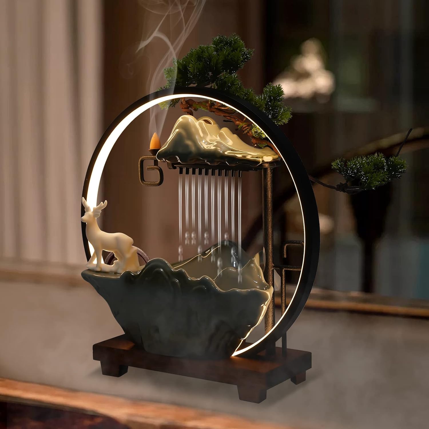 Ceramic Tabletop Fountain with LED and River Stones