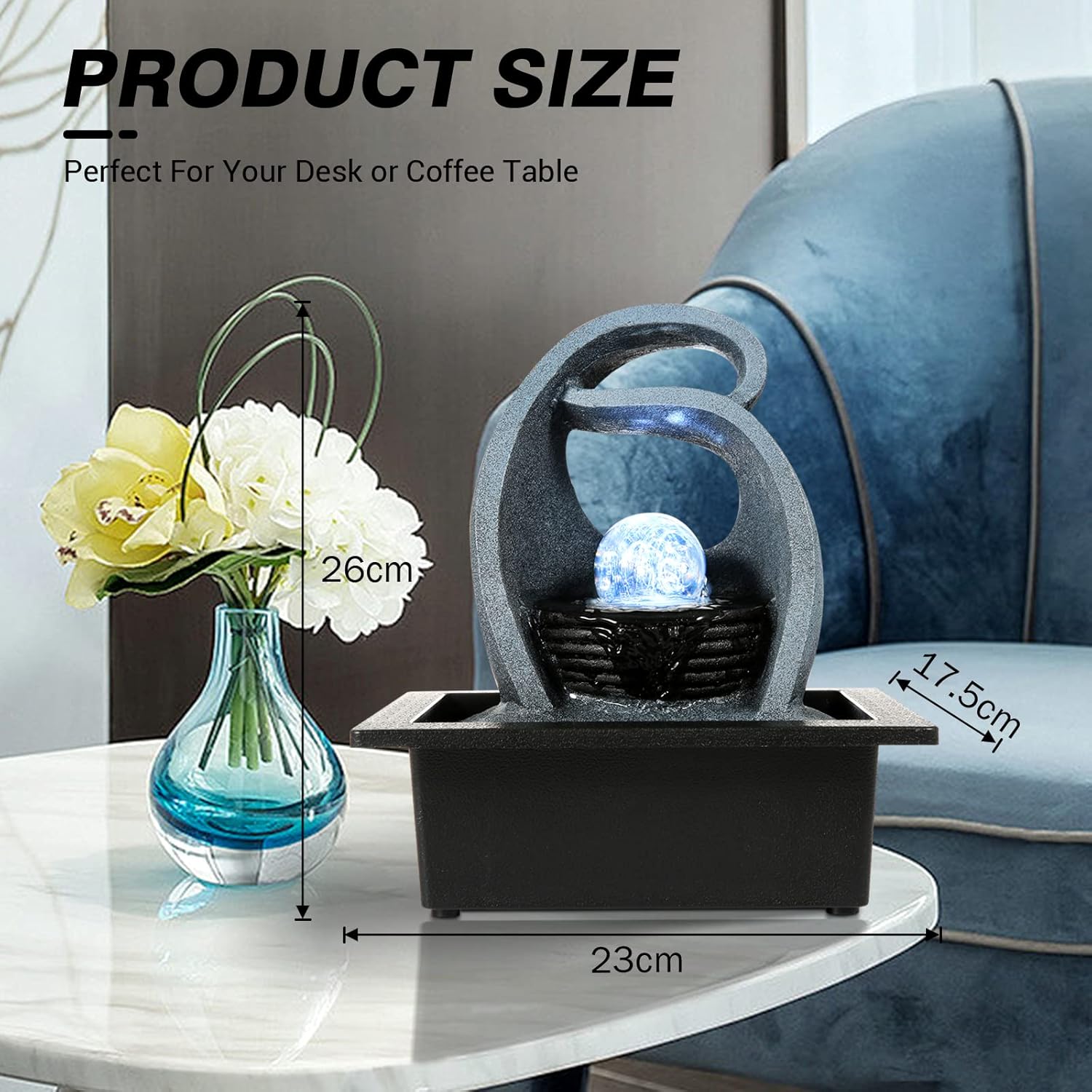 WICHEMI Water Fountain with LED Rolling Ball Indoor Fountain for Home and Office Decor