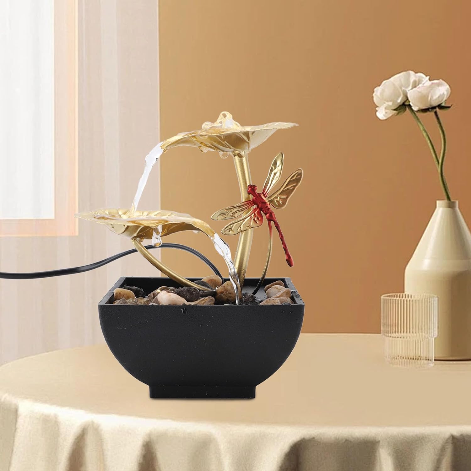 SASKATE Lotus Leaf Dragonfly Tabletop Fountain