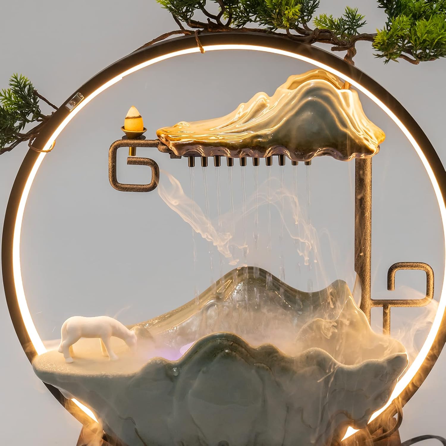 Flhonudi Fountain Waterfall Tabletop with LED Light and Automatic Pump