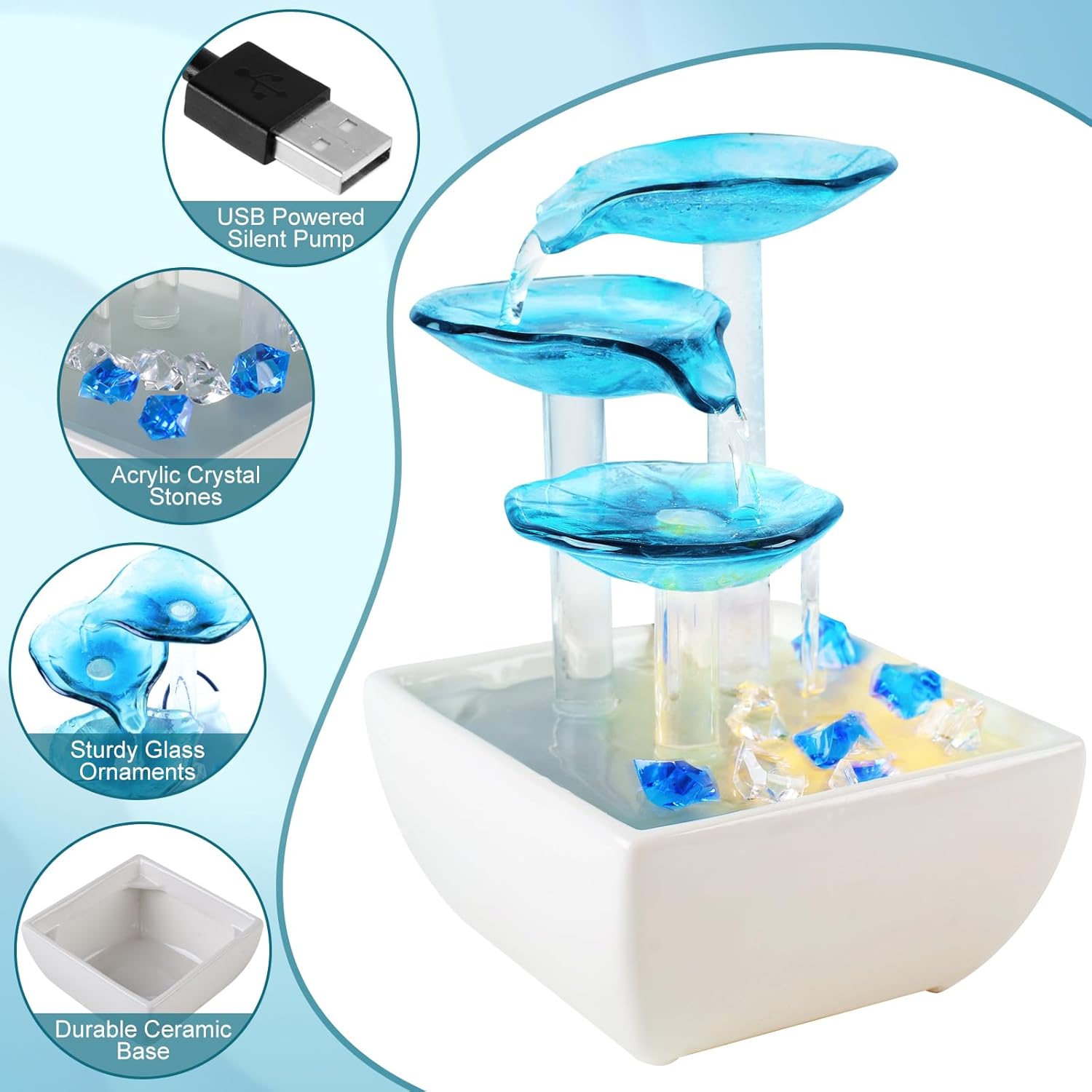 Epeecehomie Ceramic Tabletop Fountain - Blue Zen Decor for Home and Office