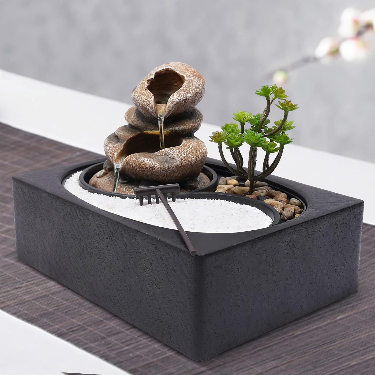 Table Top Water Fountain Indoor with River Rocks and Plants