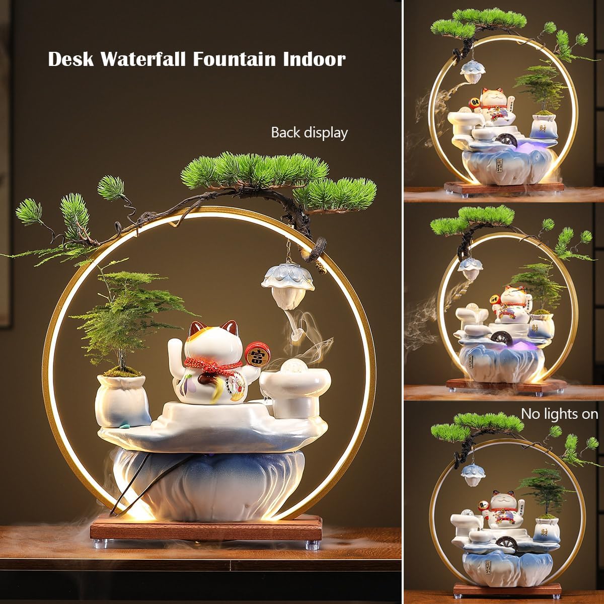 Ceramic Tabletop Waterfall Fountain with Maneki Neko Figurine