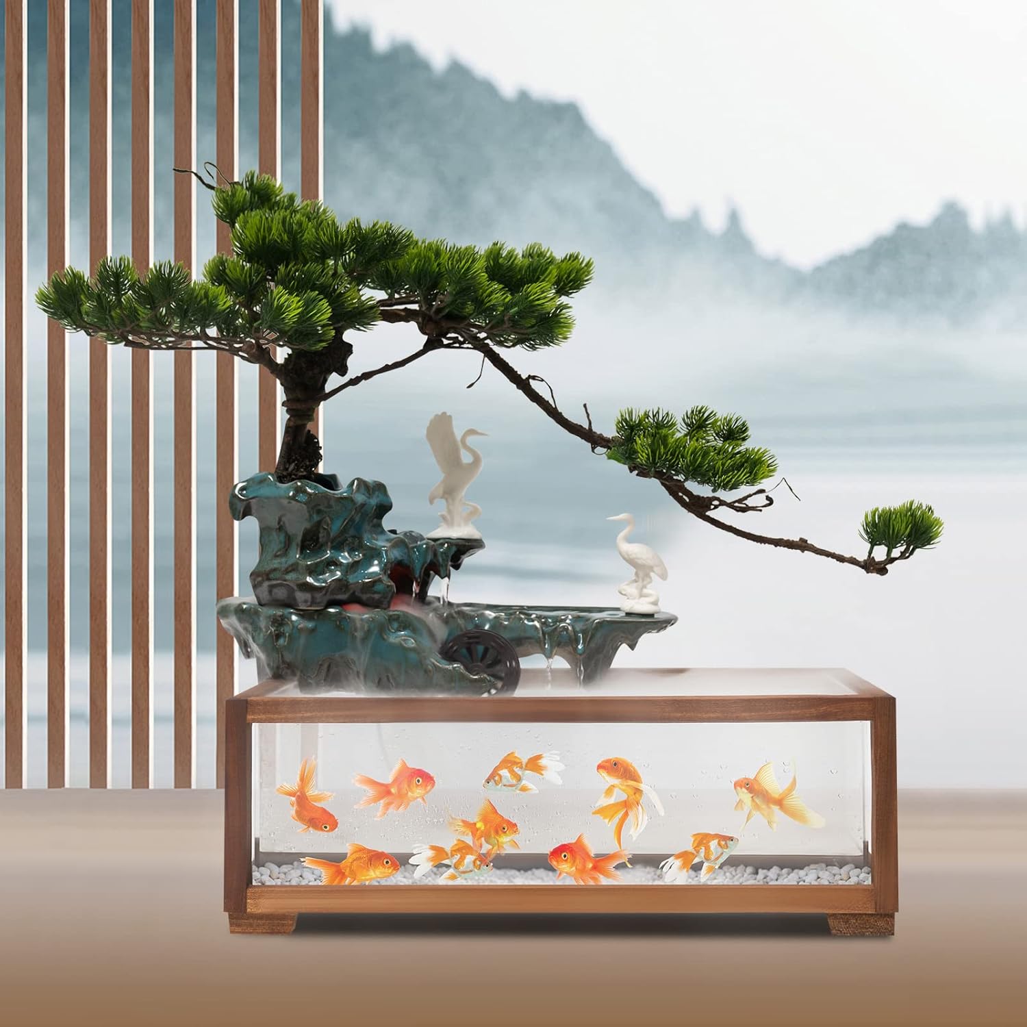 Hanmorfarbi Tabletop Fountain with LED Light and Fish Tank