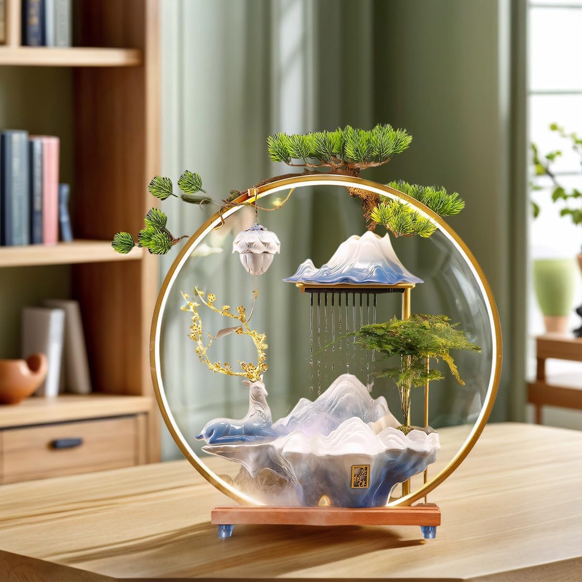 Stylish Ceramic Deer Waterfall Fountain with LED Light and Incense Holder