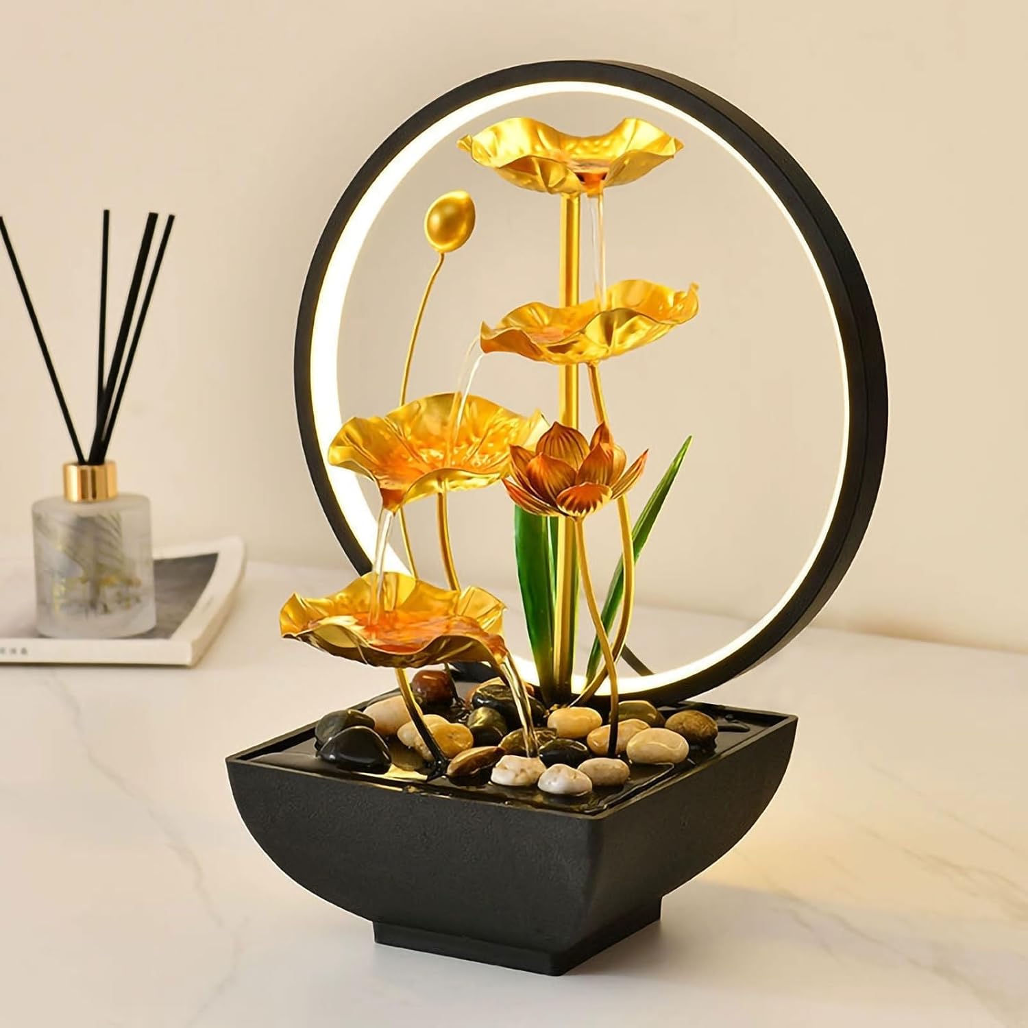 Tabletop Water Fountain with Golden Lotus Design
