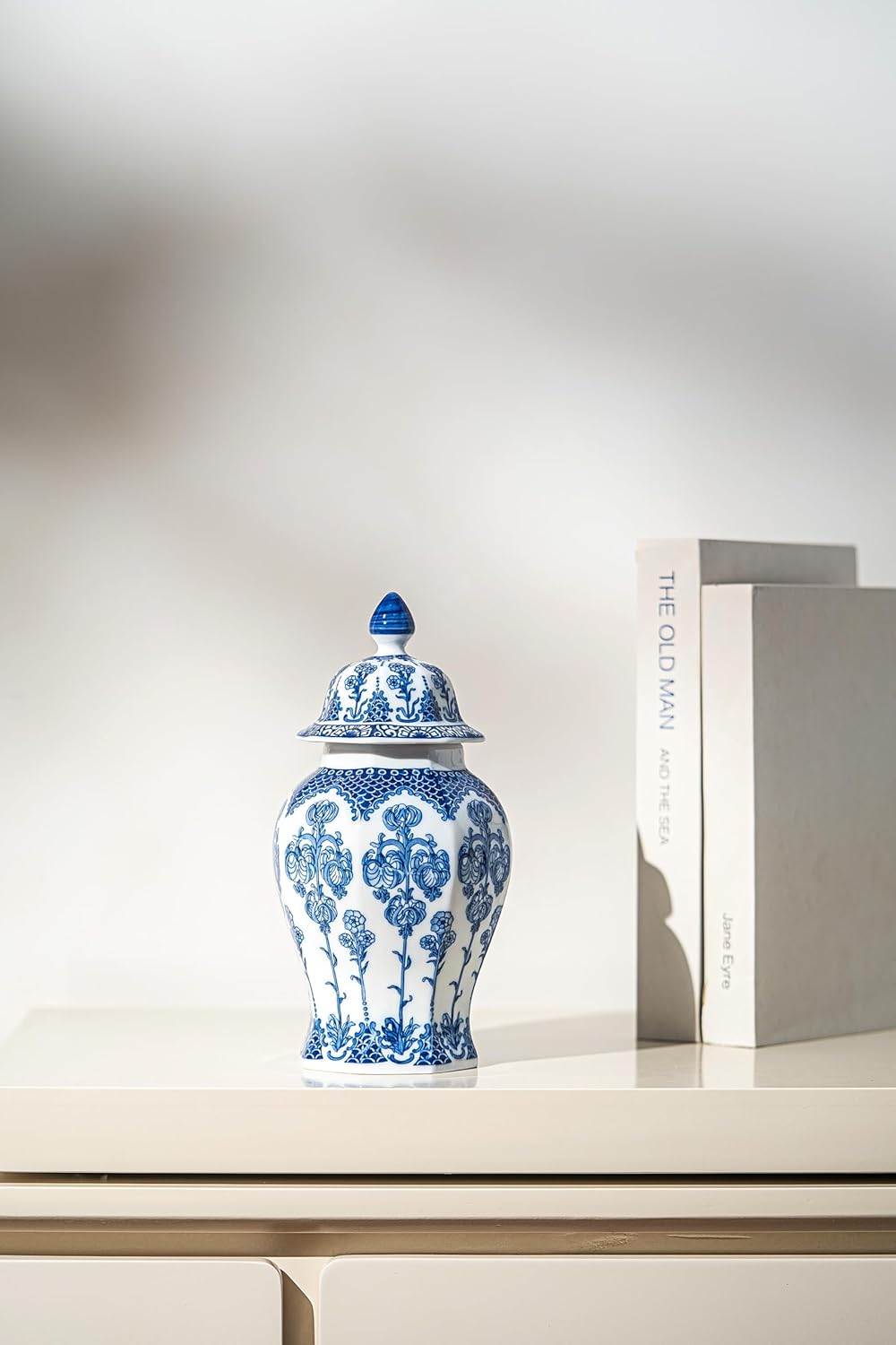 Blue and White Ginger Jar 10 Inch Ceramic Decor