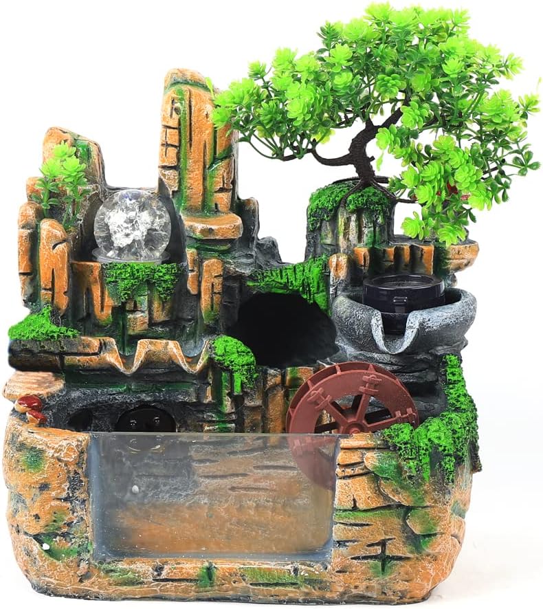 Indoor Tabletop Fountain with LED Lights and Waterfall Rockery Decor