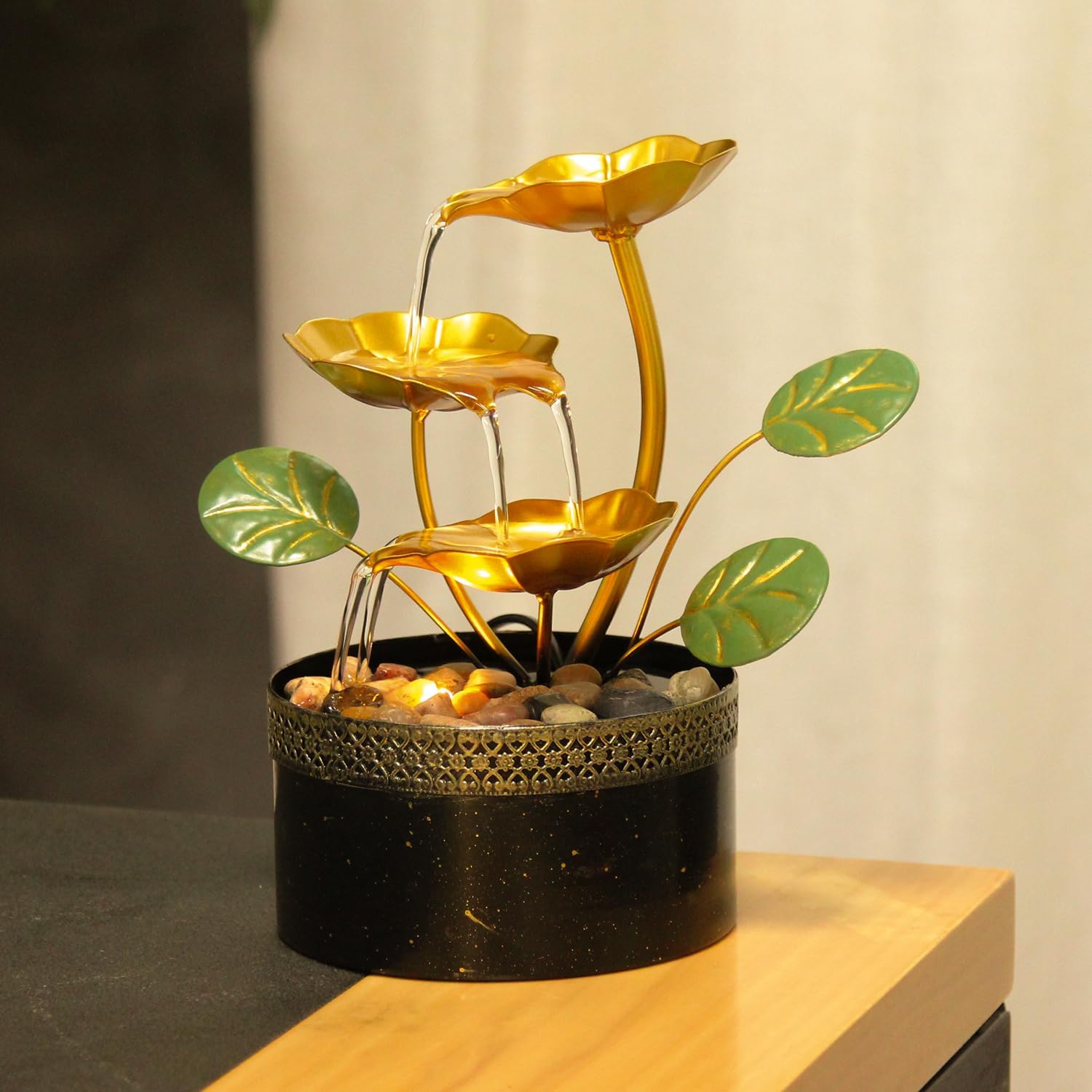 TiCin Tabletop Water Fountain with Gold Lotus Flowers