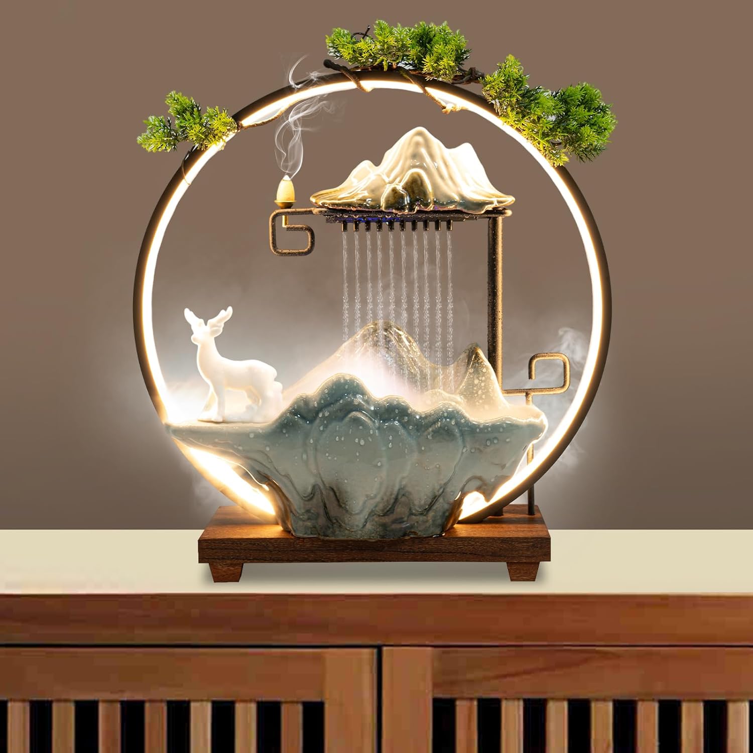 Libsaerty Tabletop Waterfall Fountain with Deer Sculpture