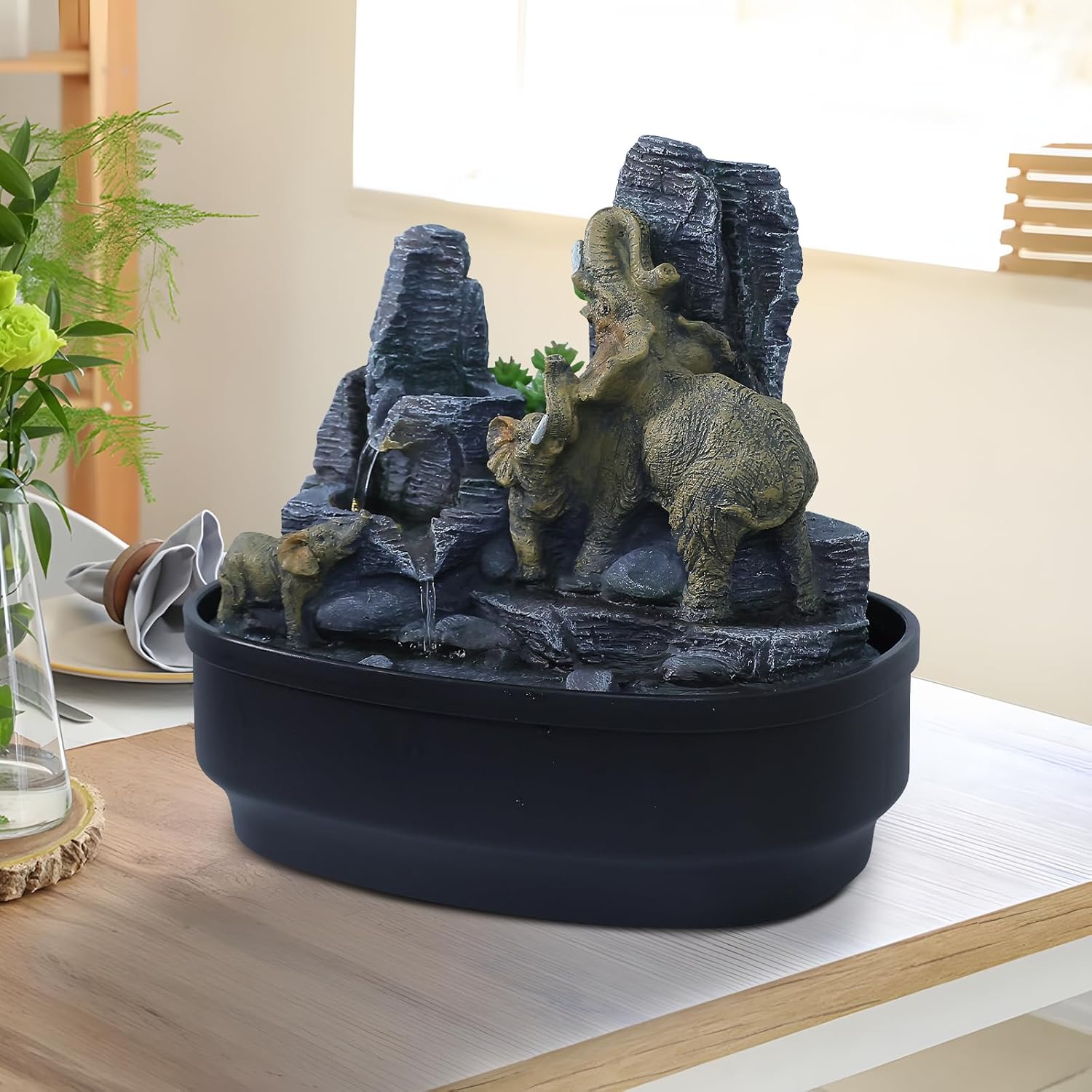 Elephant Tabletop Fountain with LED Lights and Rock Features