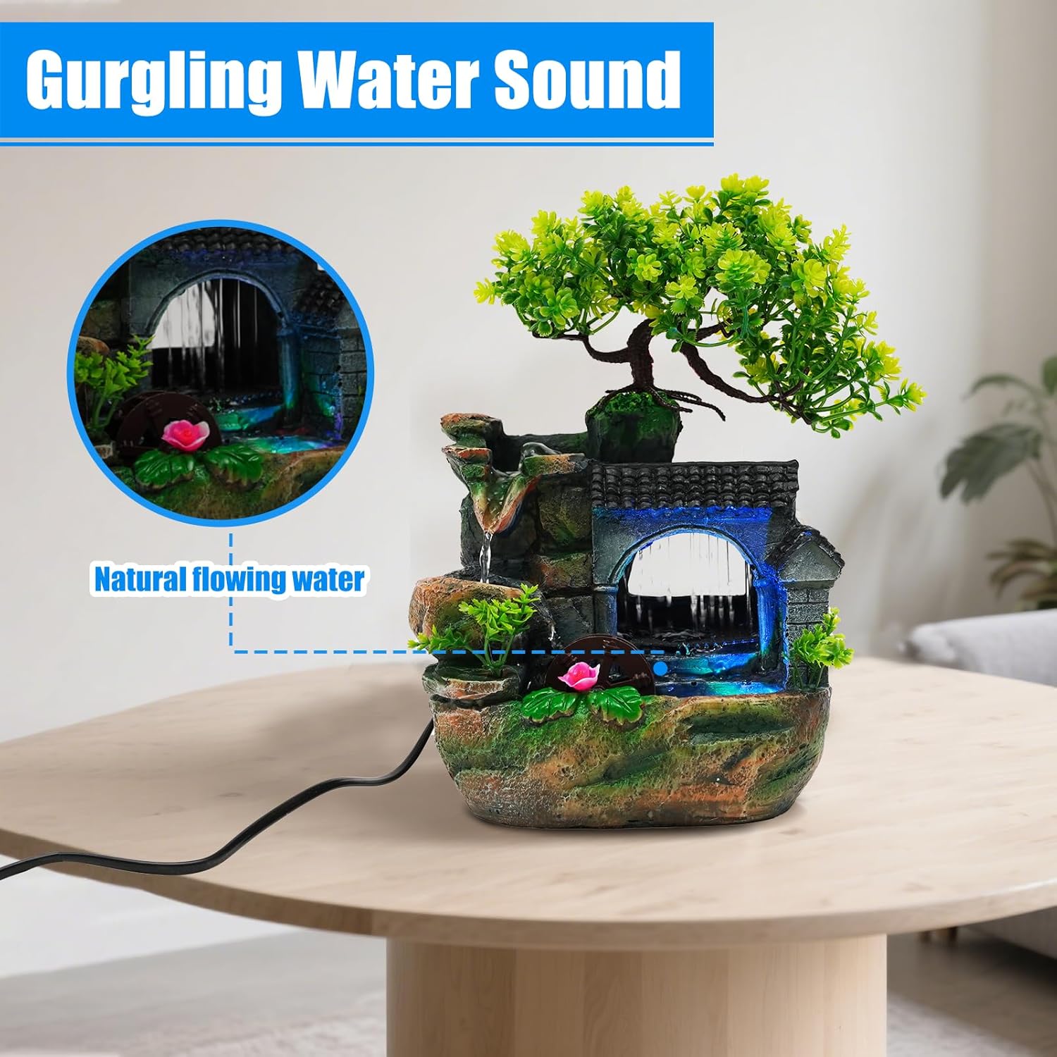 Tabletop Waterfall Fountain with LED Light and Adjustable Pump