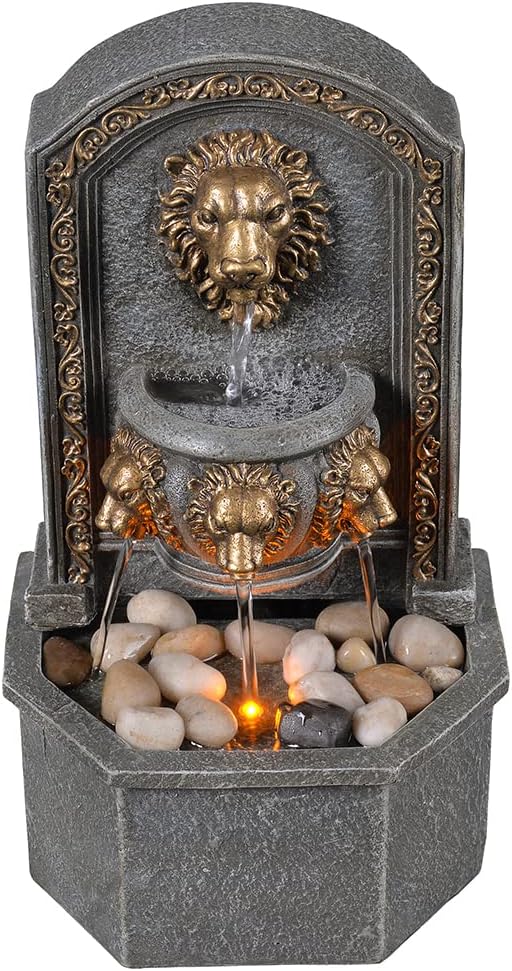 GOSSI 103 Inches Tall Tabletop Classic Lion Head Fountain with Cobblestone and LED Light
