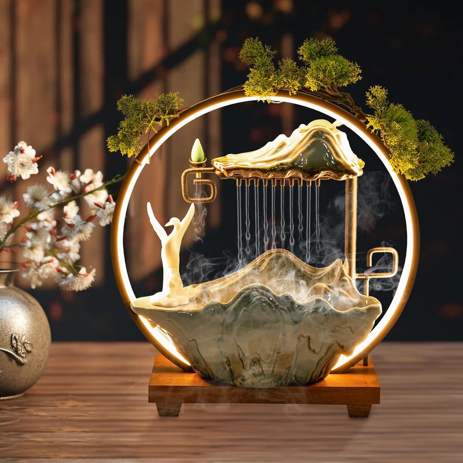 Drarint Tabletop Fountain with LED Light and Incense Burner