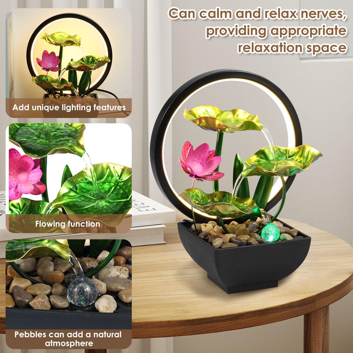 Muyoka Tabletop Fountain 3-Tiers Indoor Waterfall with LED Light and Rocks