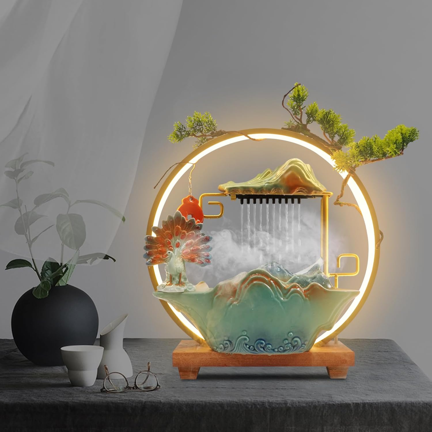 Chinese Style Landscape Deer Indoor Water Fountain with LED Light and Mist