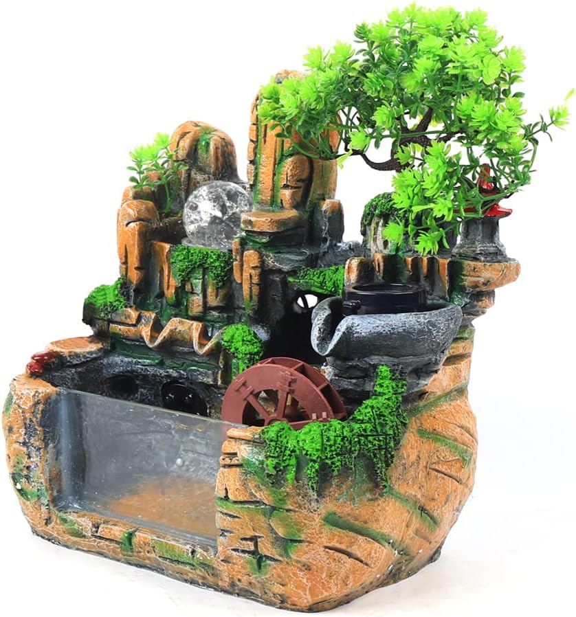 Indoor Tabletop Fountain with LED Lights and Waterfall Rockery Decor