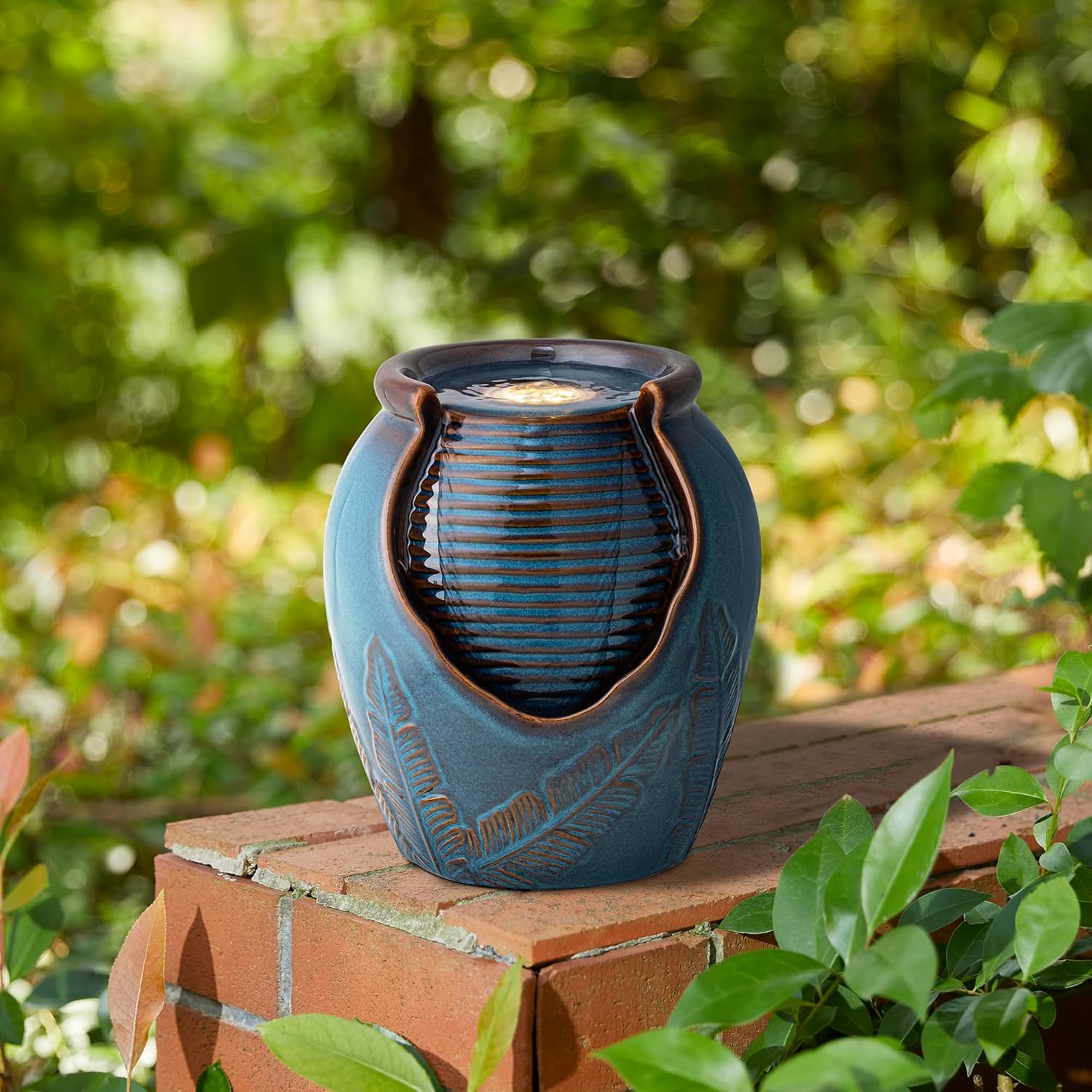 Glitzhome Tabletop Ceramic Jar Water Fountain with LED Light Turquoise Leaf Design 925H