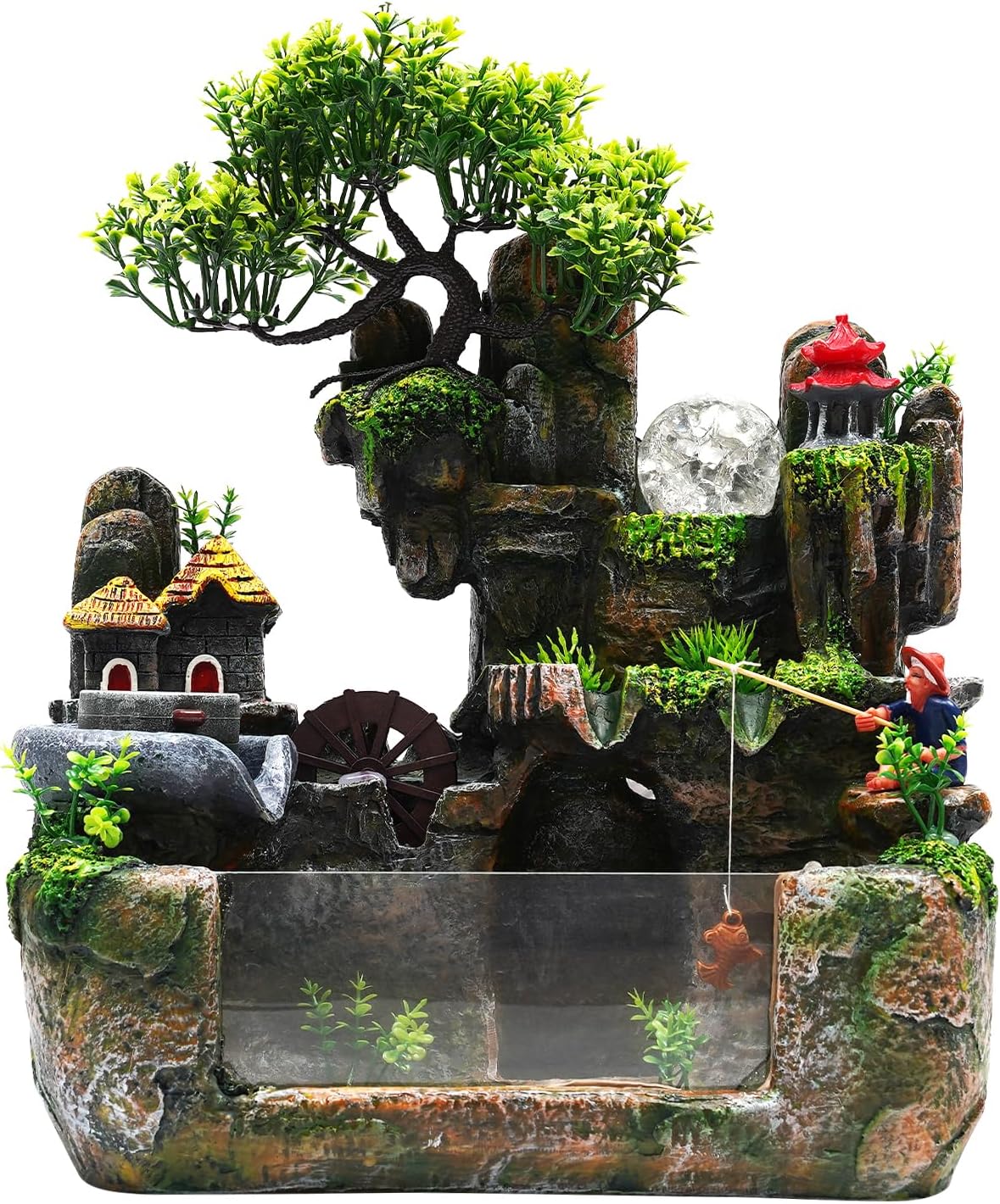 Waterfall Fountain Tabletop with Artificial Tree and LED Light