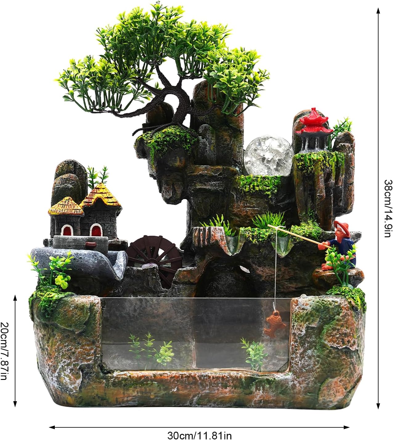 Waterfall Fountain Tabletop with Artificial Tree and LED Light