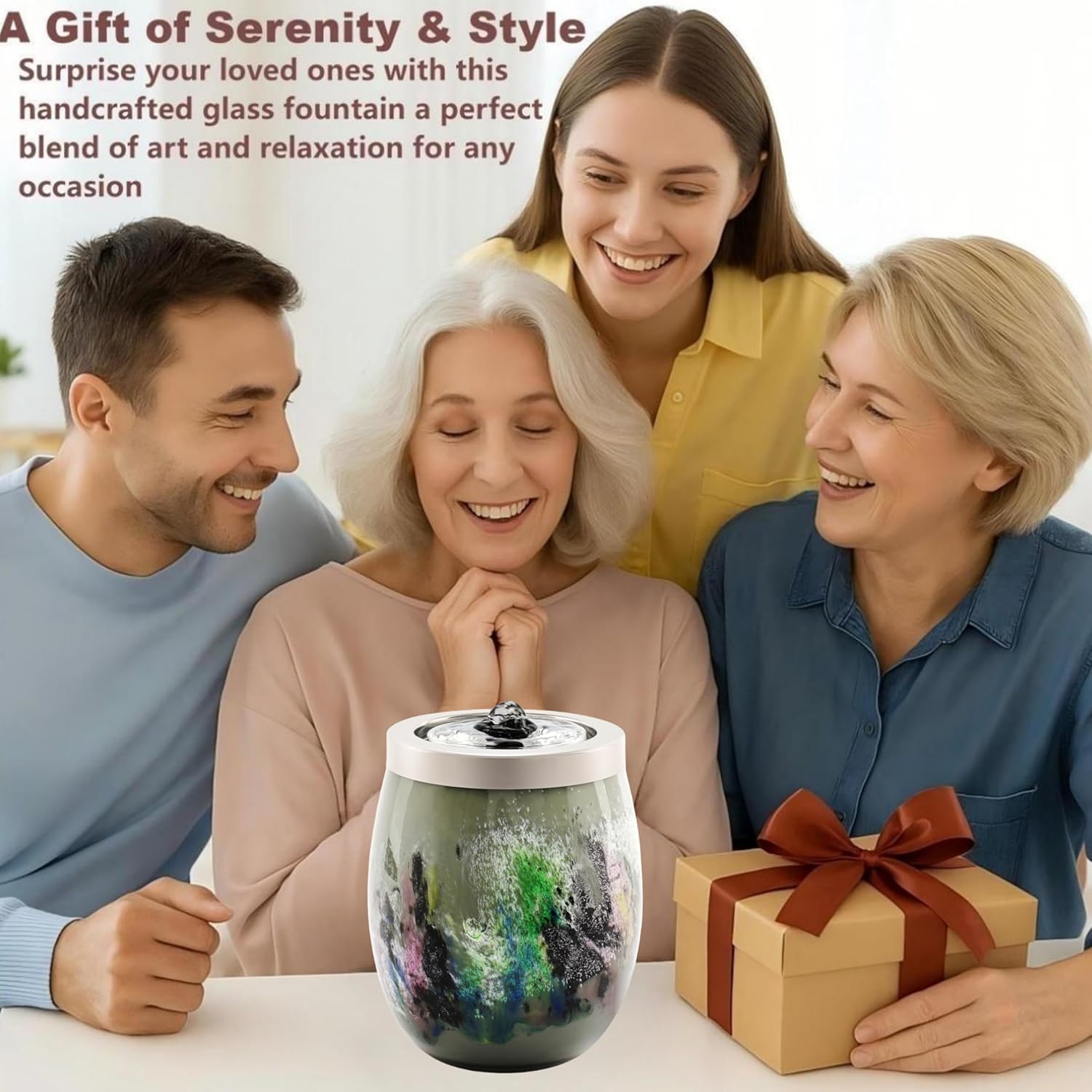 VOREEN Art Glass Tabletop Fountain with White Ambient Light and Aromatherapy