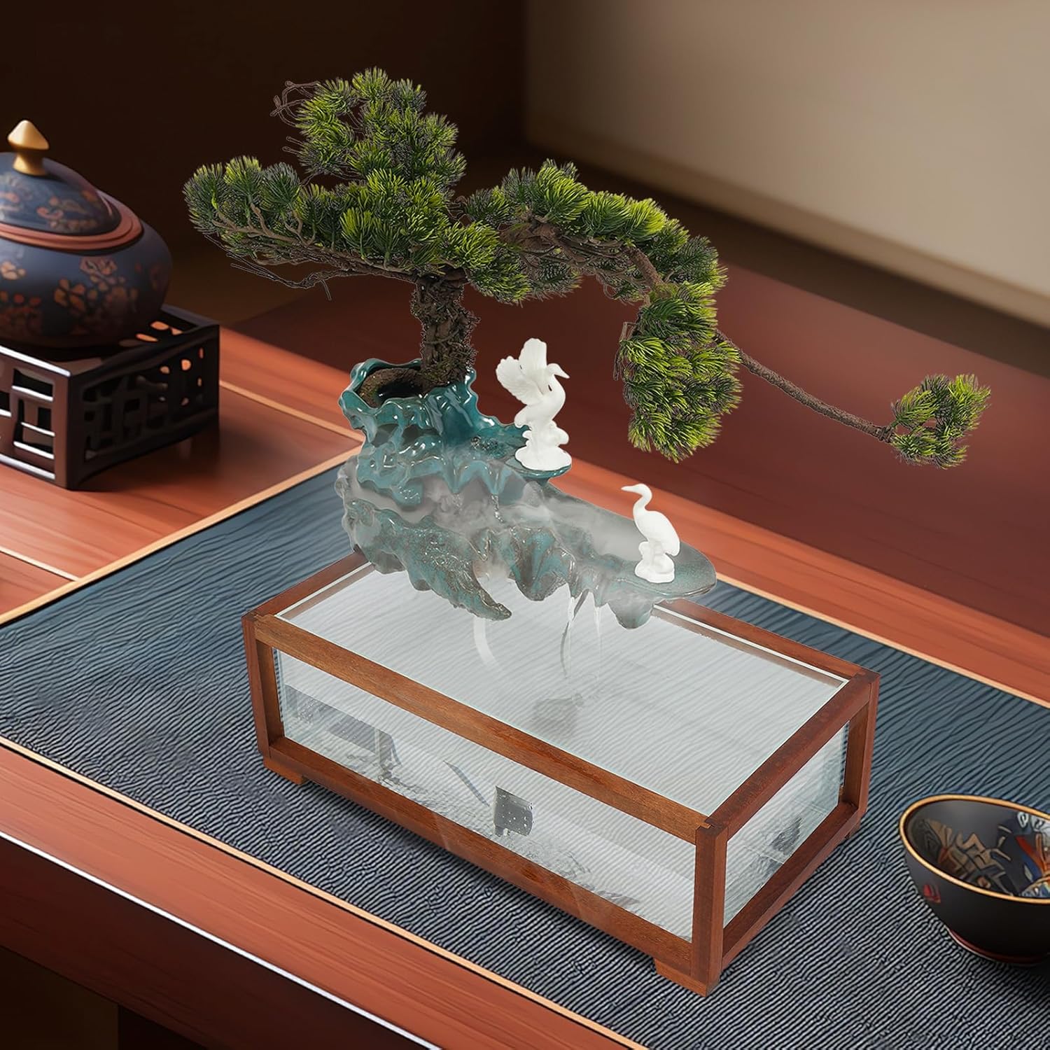 Elegant Tabletop Crane Water Fountain with LED and Fish Tank