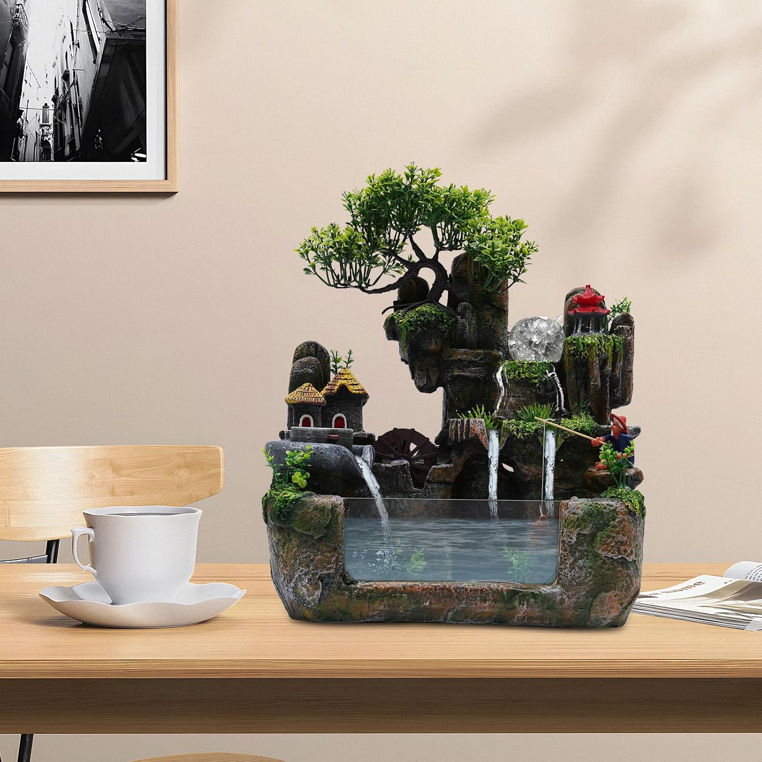 Tabletop Fountain Ornament with LED Lights and Fish Tank